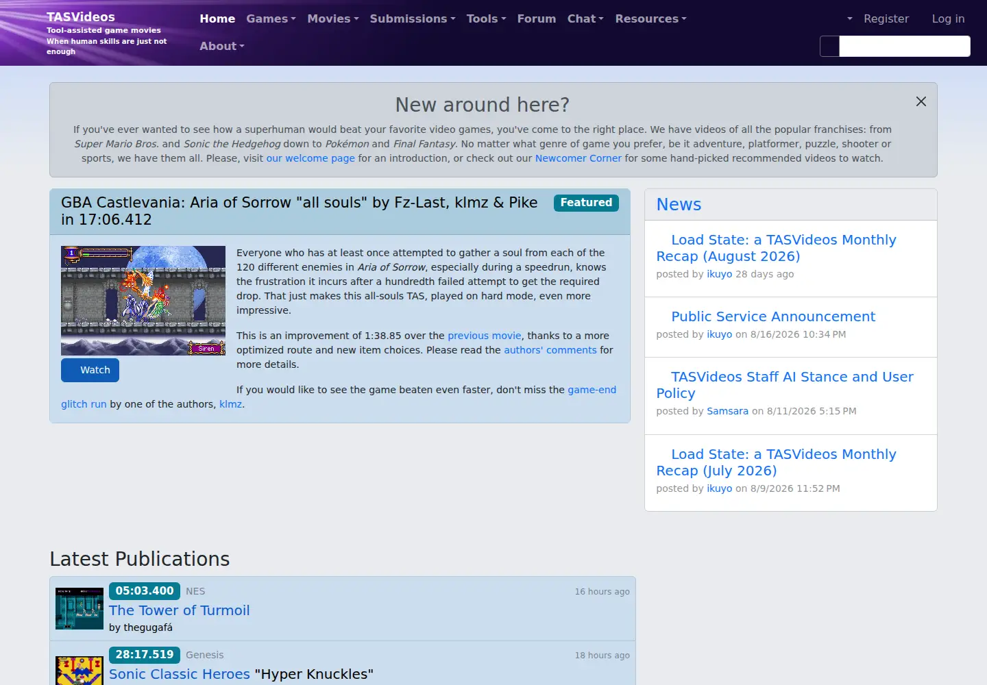 Captured homepage of tasvideos.org in the current scan