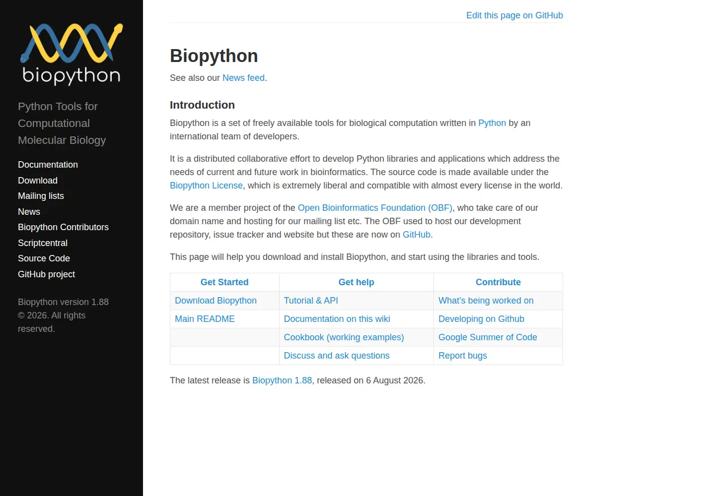 Screenshot of biopython.org