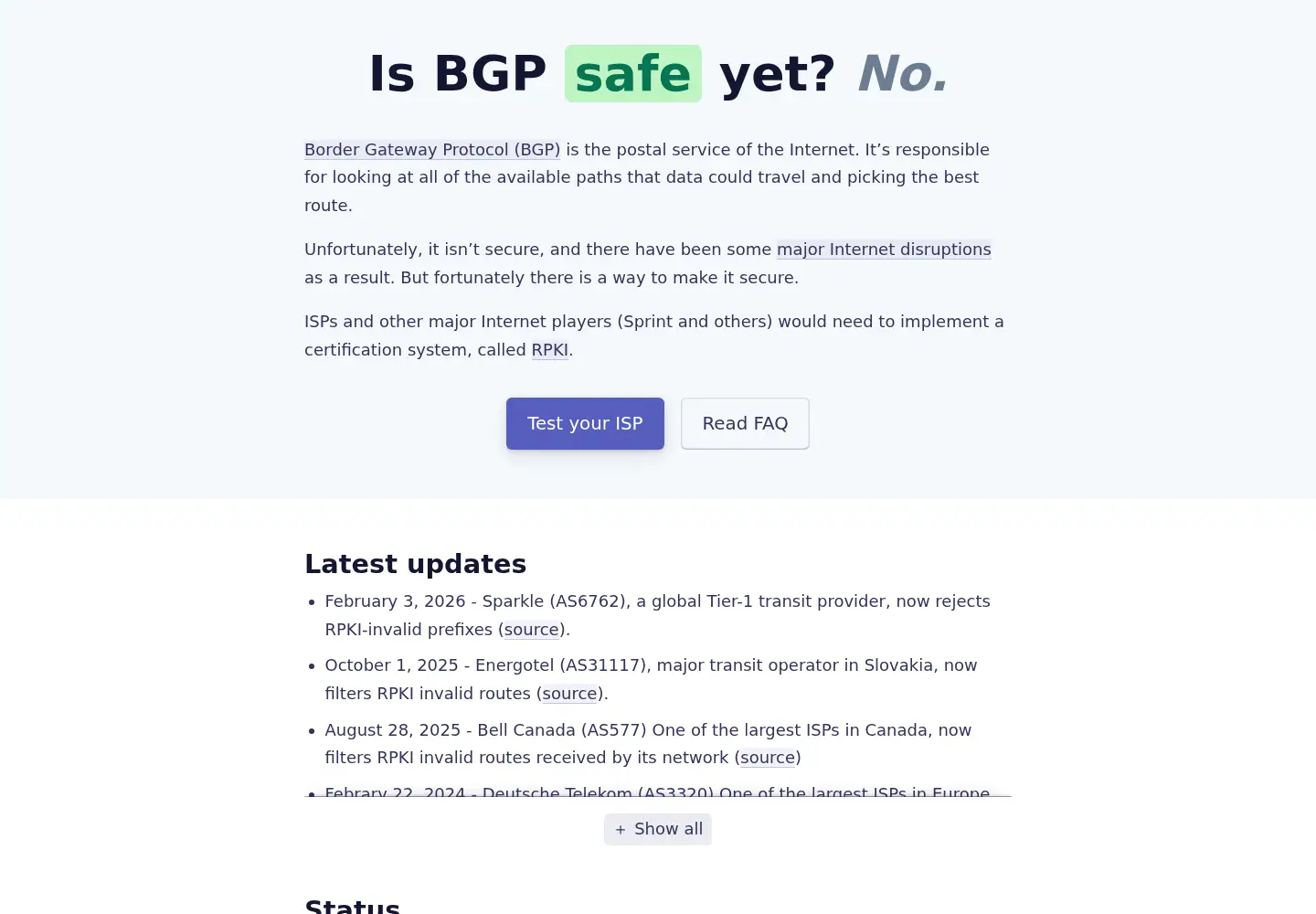 Screenshot of isbgpsafeyet.com