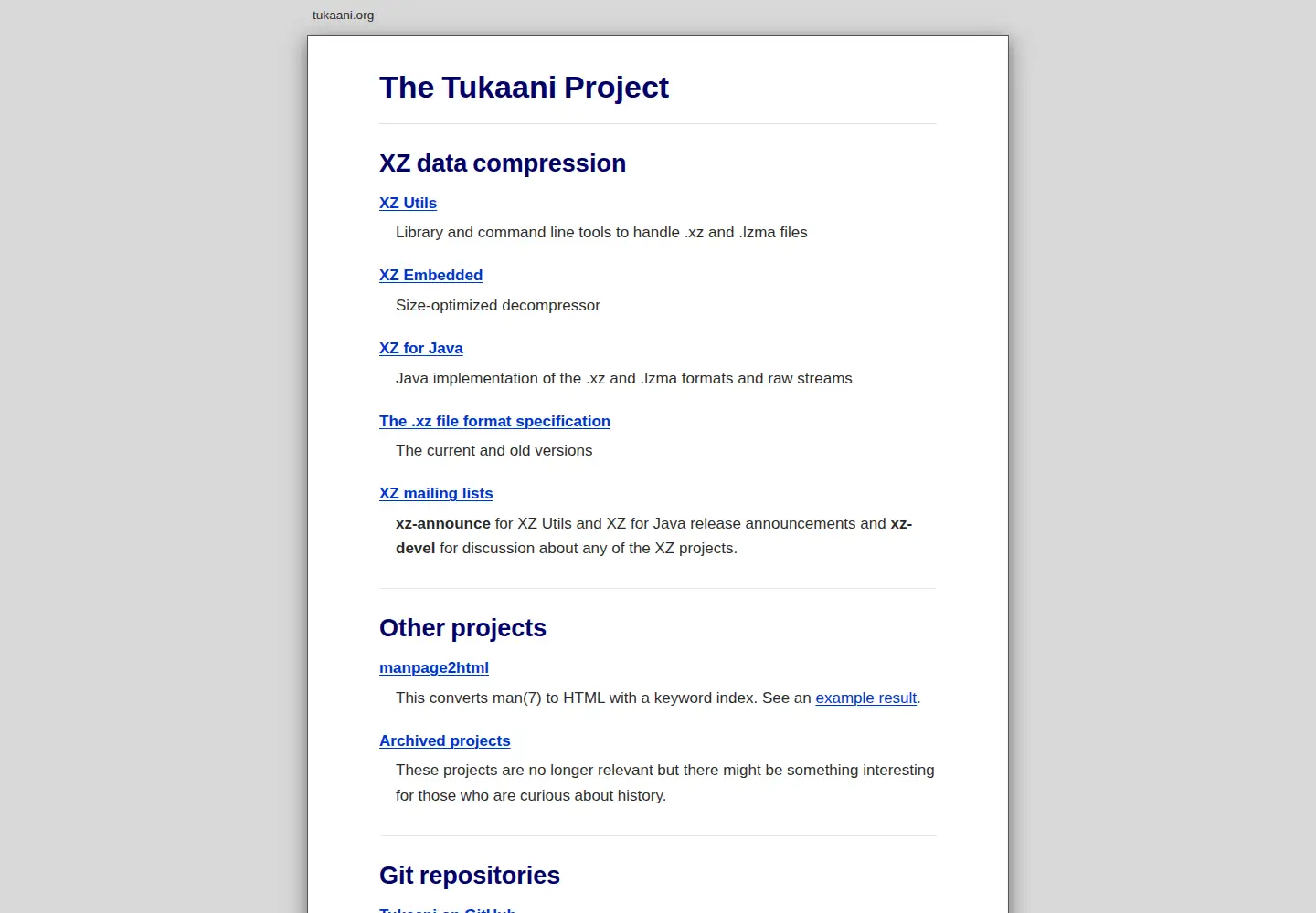 Screenshot of tukaani.org