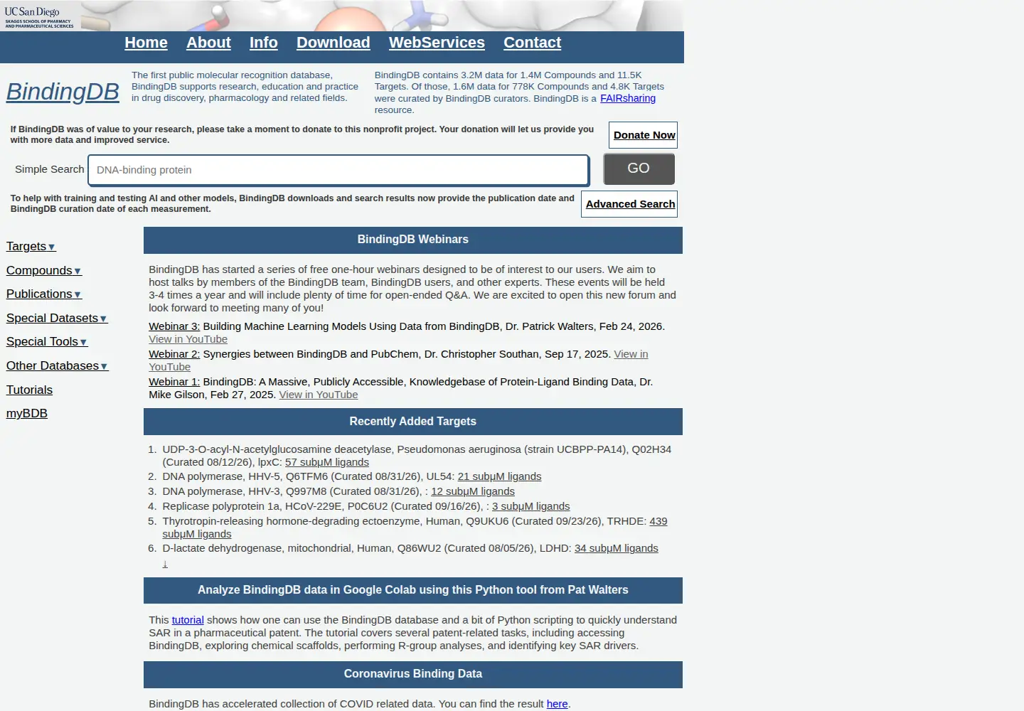 Captured homepage of bindingdb.org in the current scan