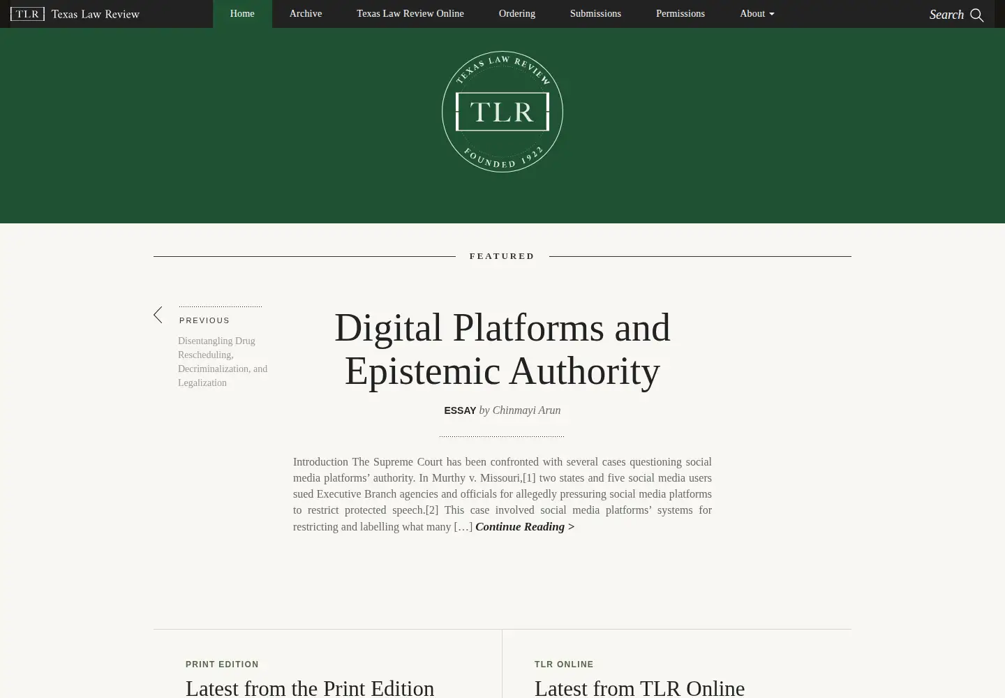 Captured homepage of texaslawreview.org in the current scan