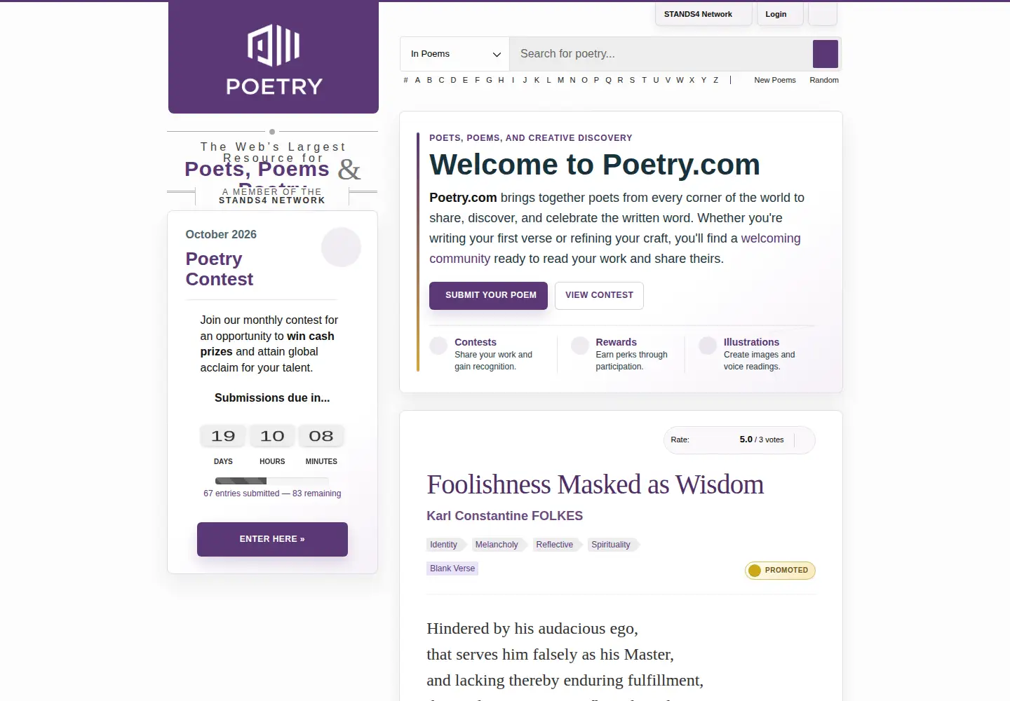 Captured homepage of poetry.com in the current scan