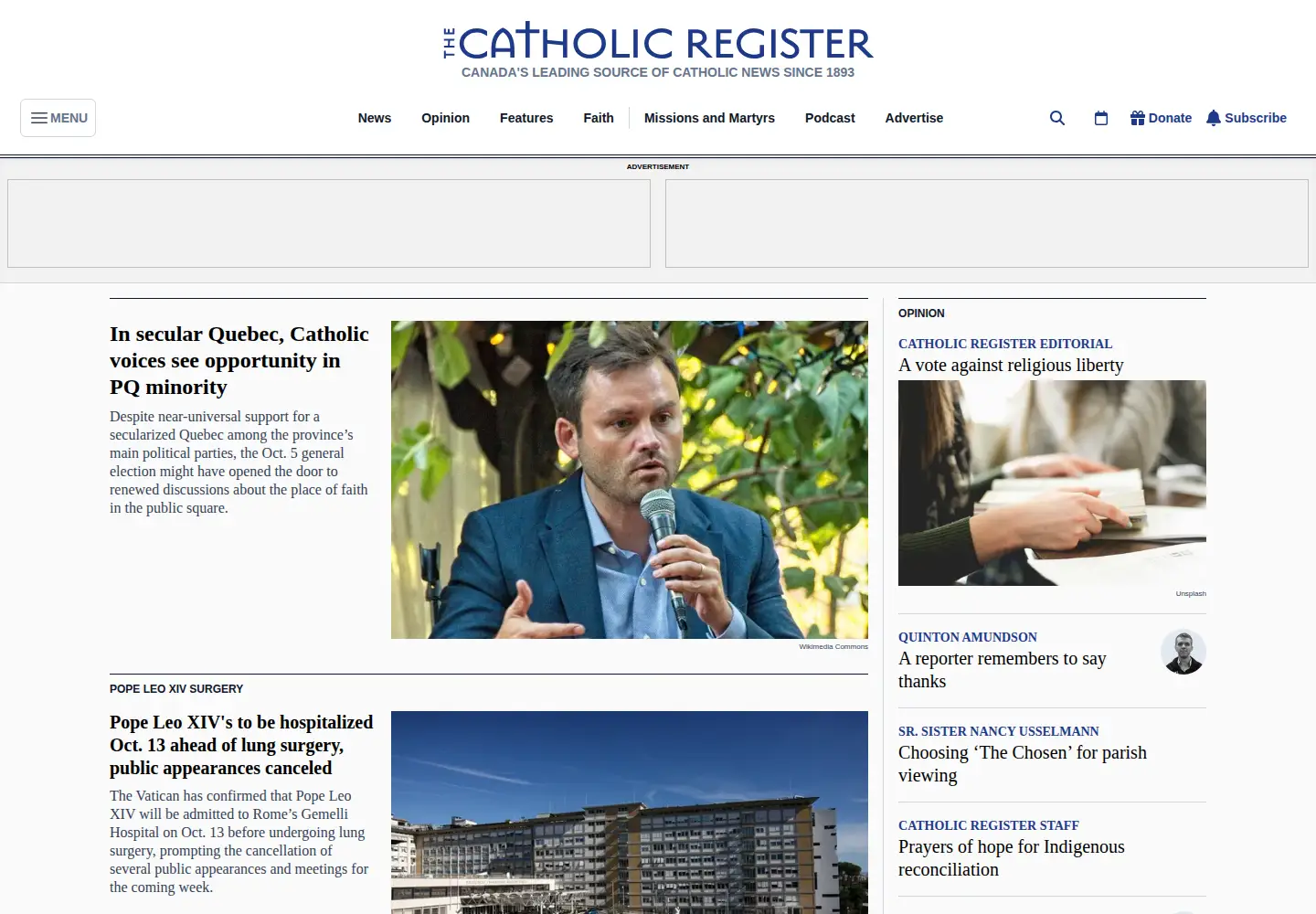 Captured homepage of catholicregister.org in the current scan