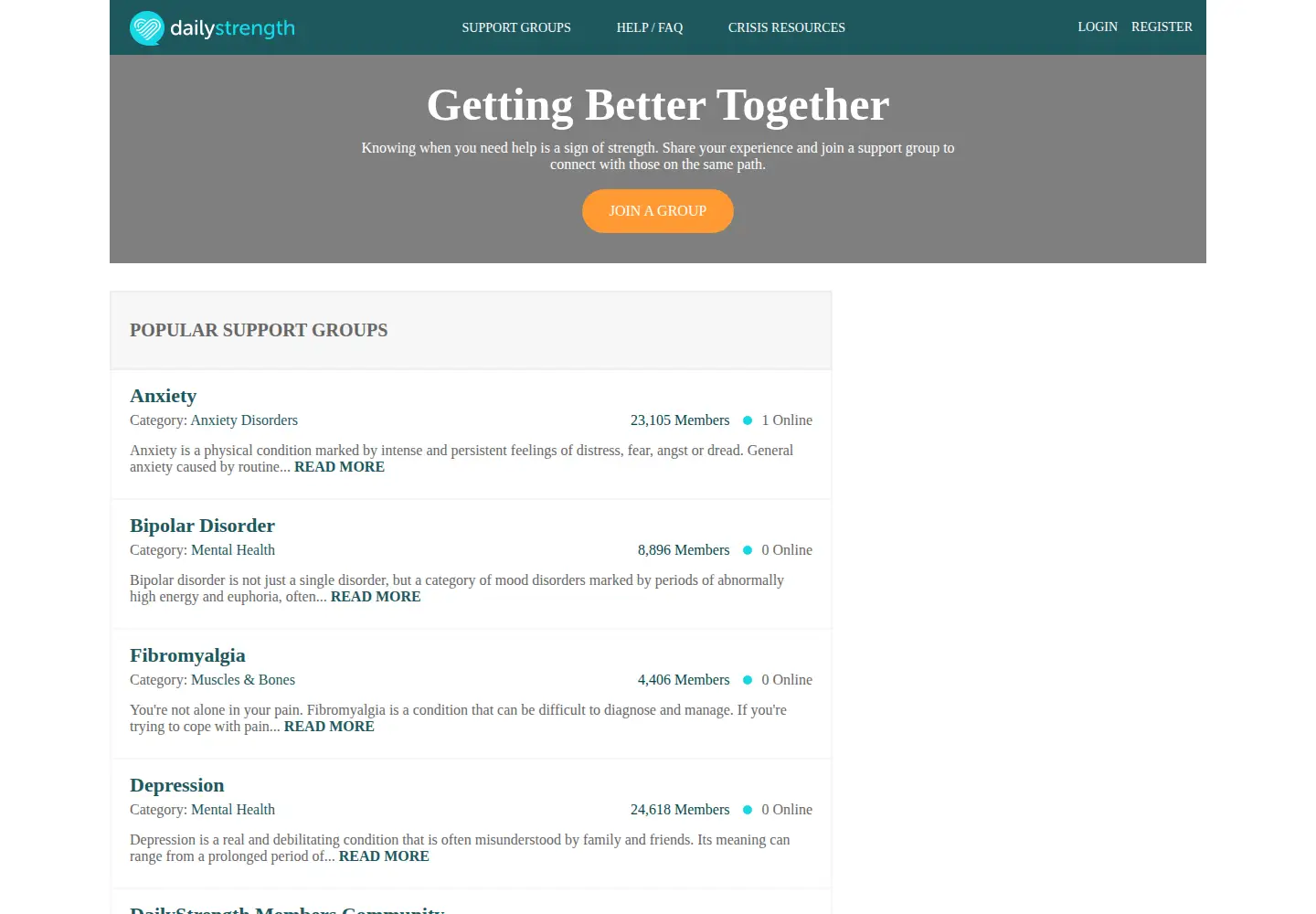 Captured homepage of dailystrength.org in the current scan