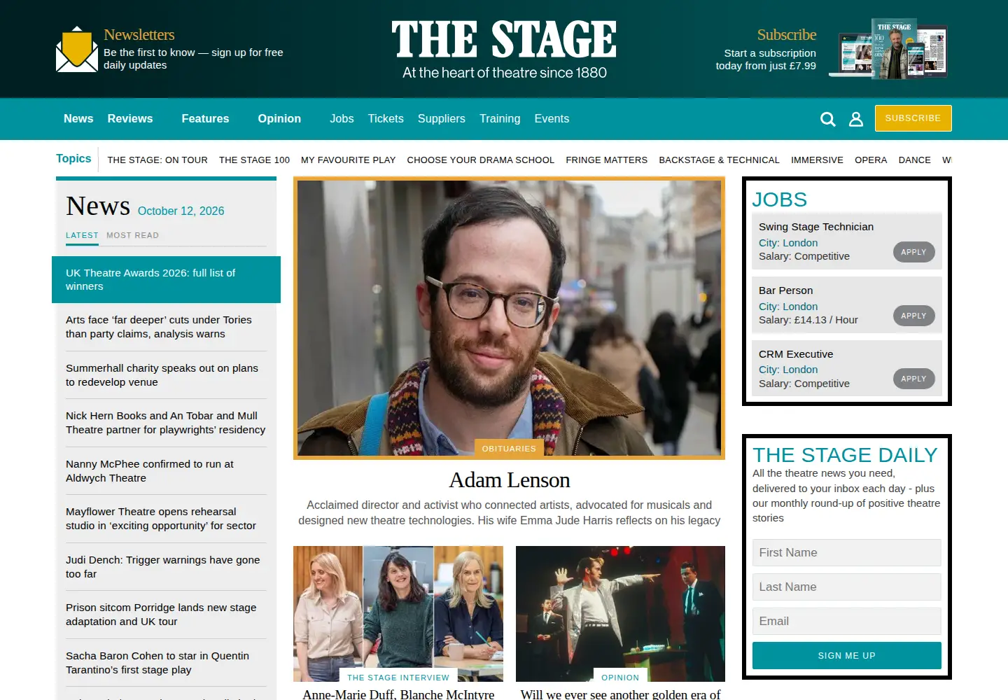 Screenshot of thestage.co.uk