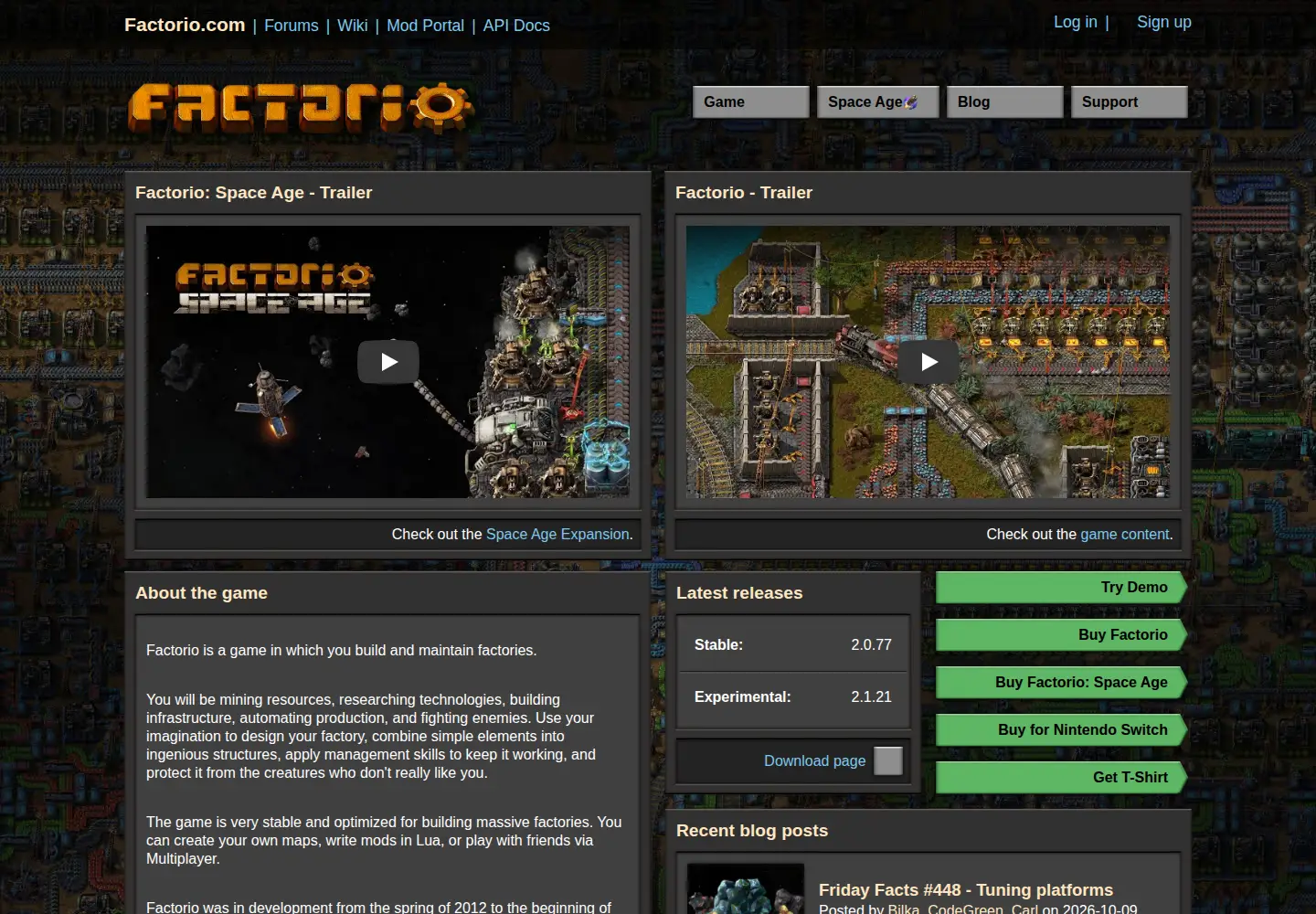 Captured homepage of factorio.com in the current scan