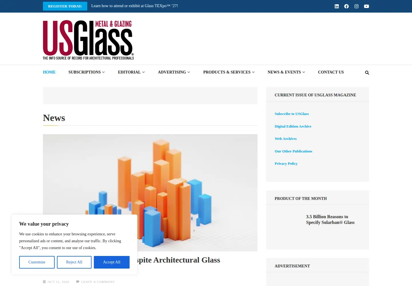 Captured homepage of usglassmag.com in the current scan