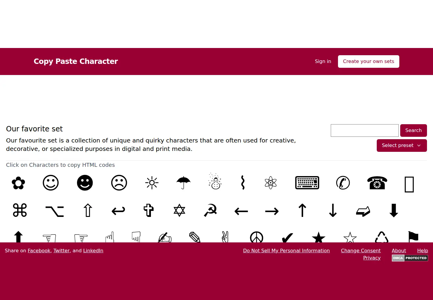 Screenshot of copypastecharacter.com