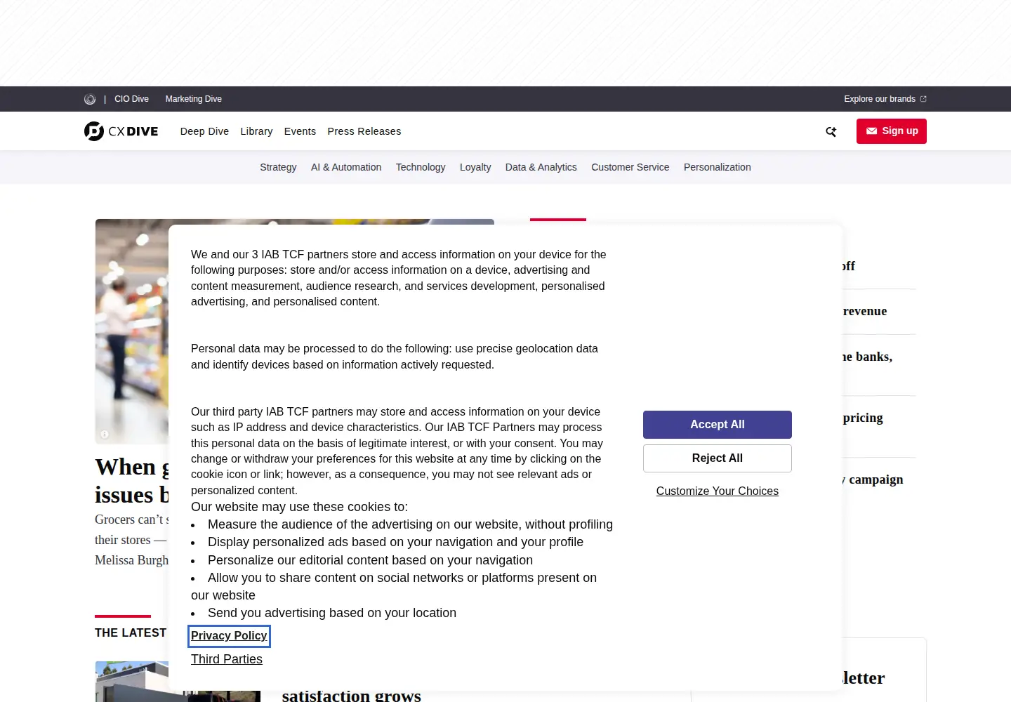 Captured homepage of customerexperiencedive.com in the current scan