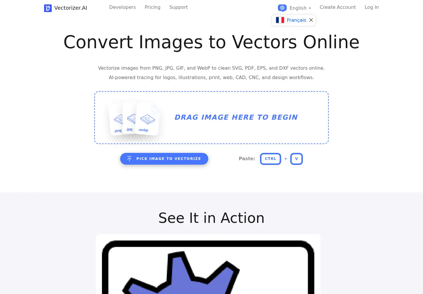 Captured homepage of vectorizer.ai in the current scan