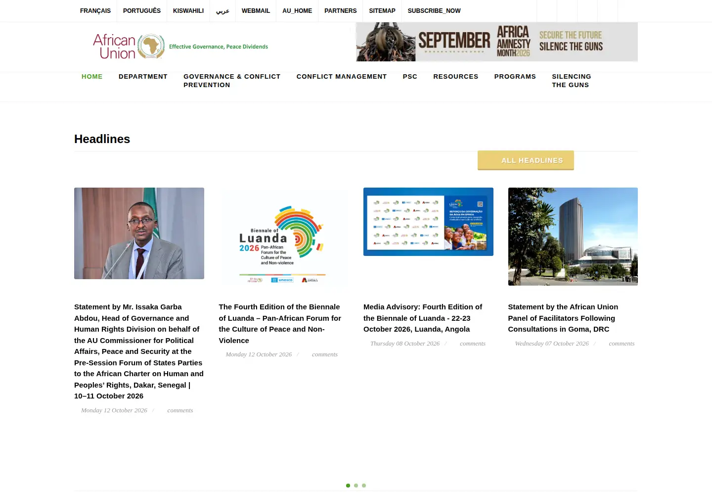 Captured homepage of peaceau.org in the current scan
