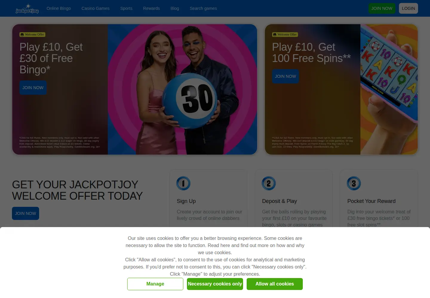 Captured homepage of jackpotjoy.com in the current scan