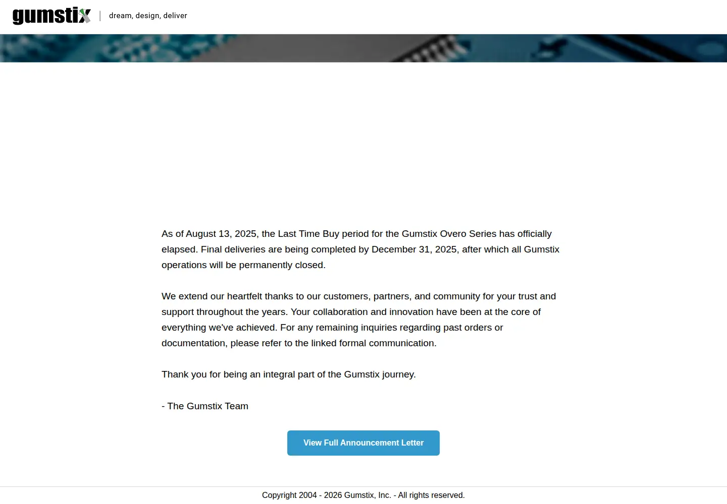 Captured homepage of gumstix.com in the current scan