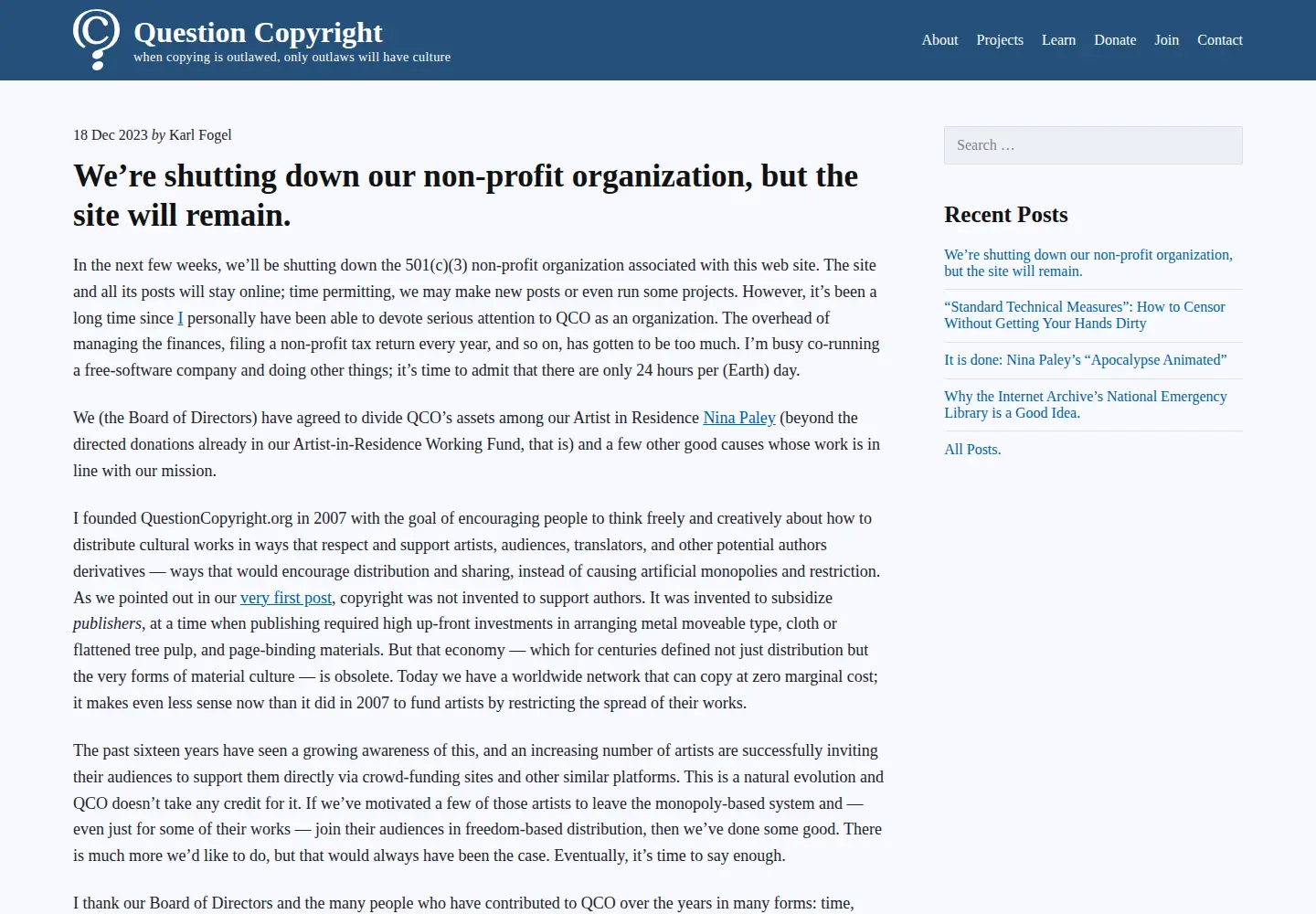 Captured homepage of questioncopyright.org in the current scan