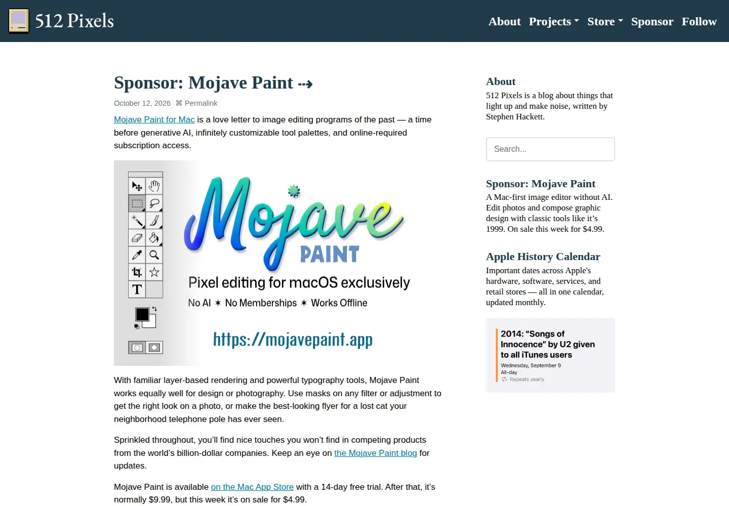 Captured homepage of 512pixels.net in the current scan