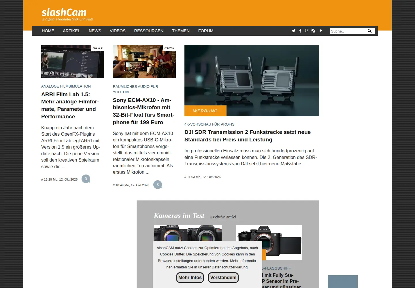 Captured homepage of slashcam.de in the current scan