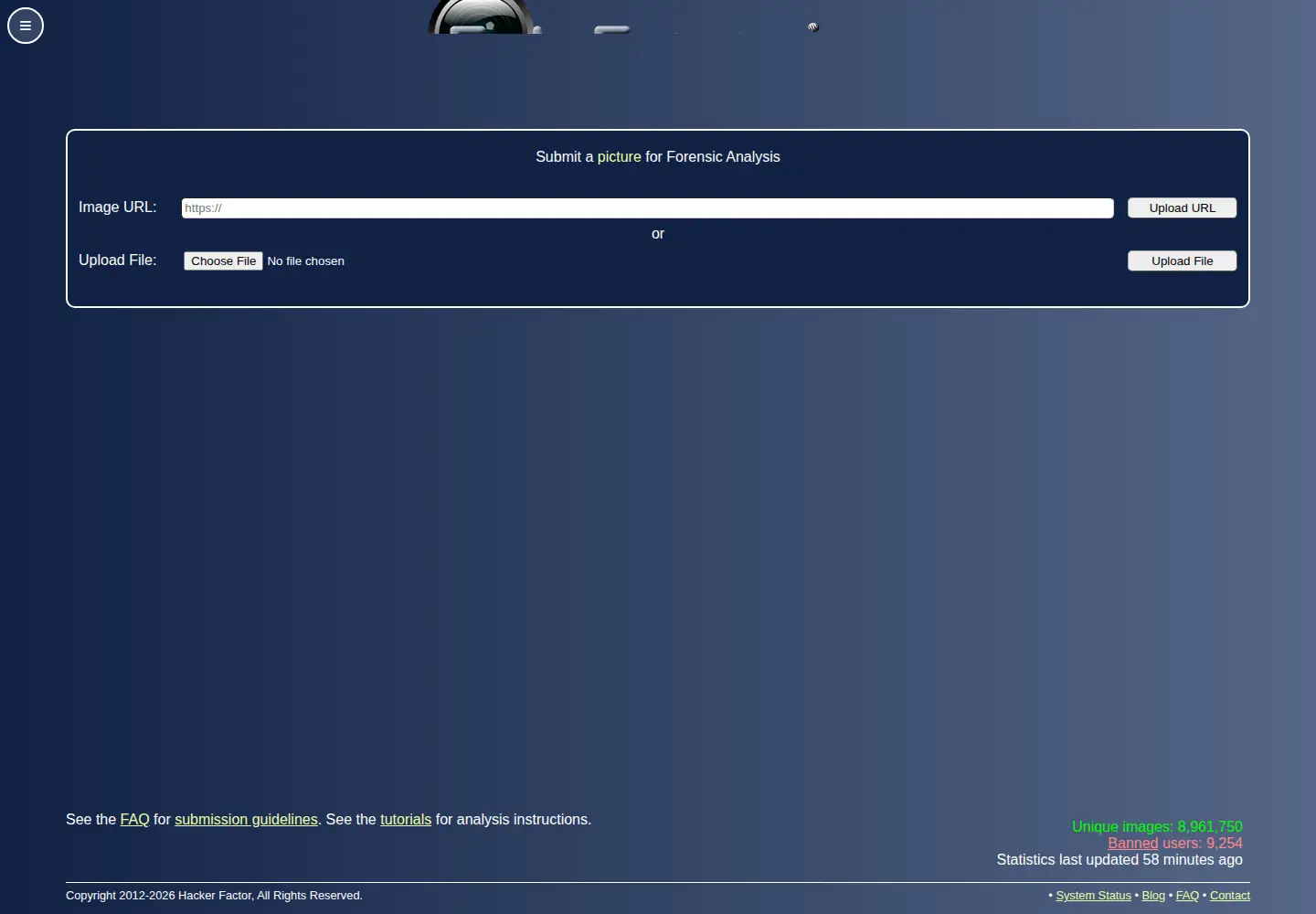 Captured homepage of fotoforensics.com in the current scan