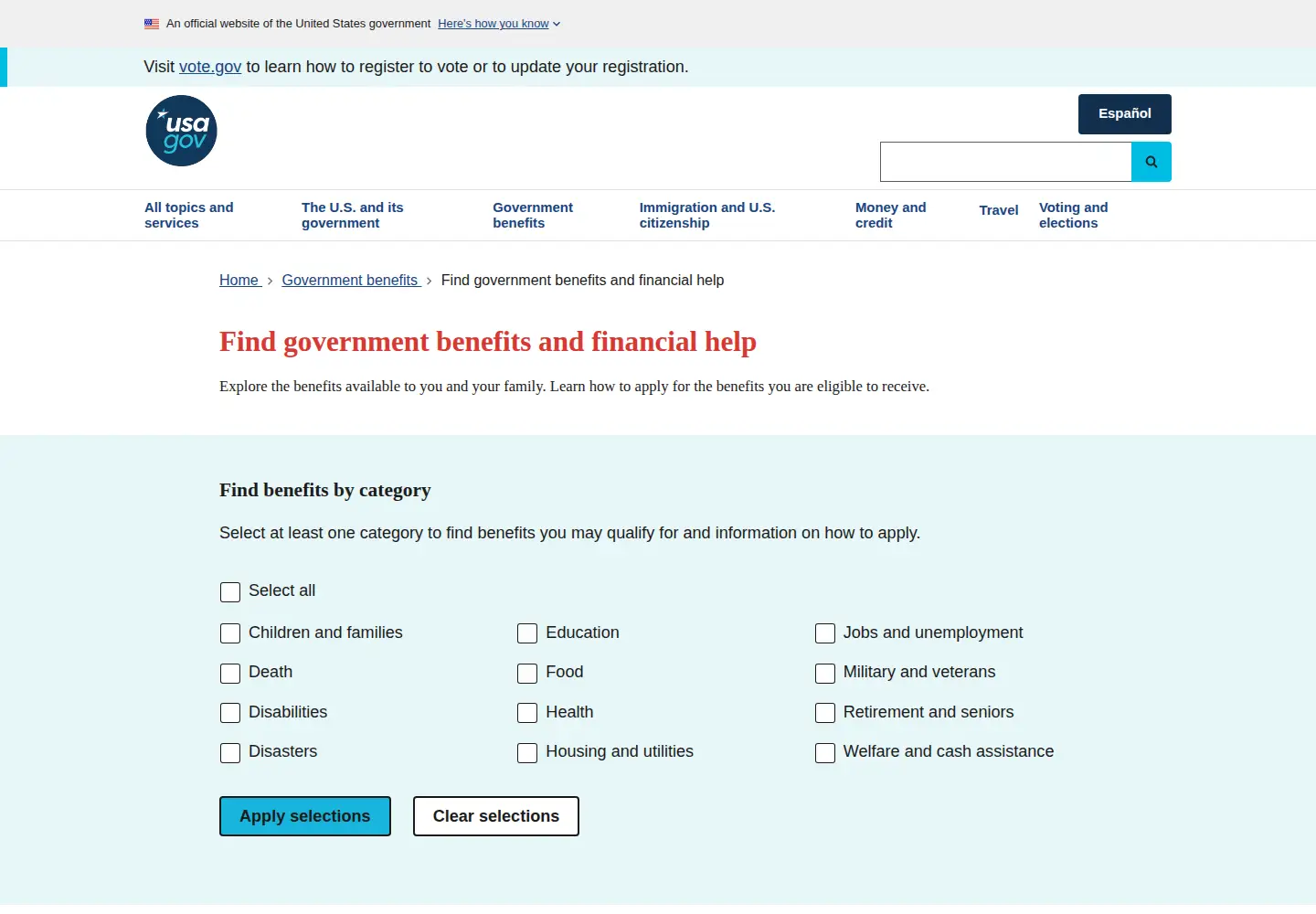 Screenshot of benefits.gov
