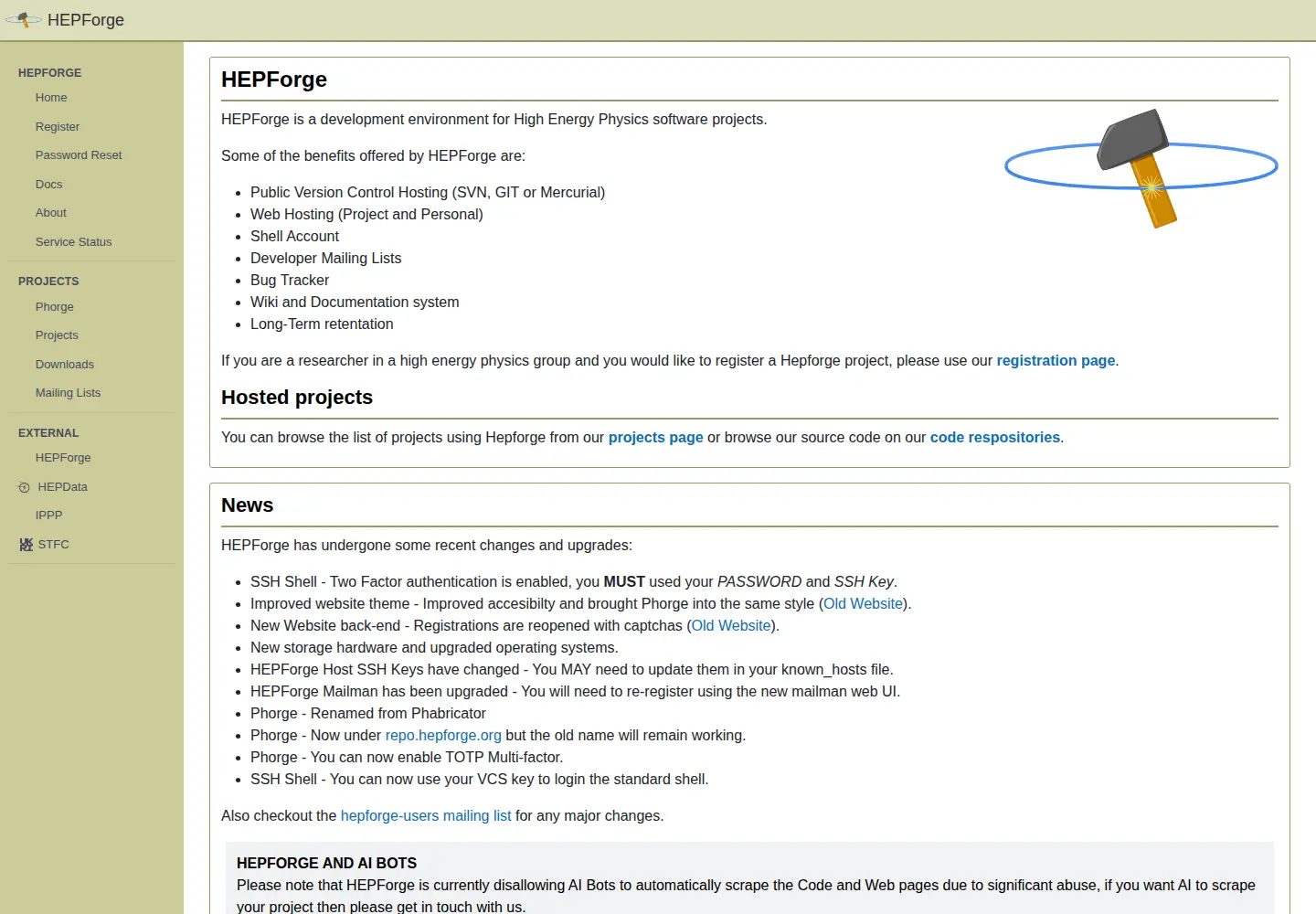 Captured homepage of hepforge.org in the current scan