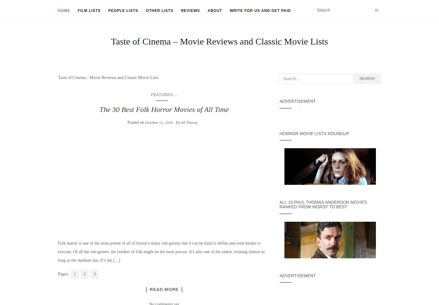Captured homepage of tasteofcinema.com in the current scan