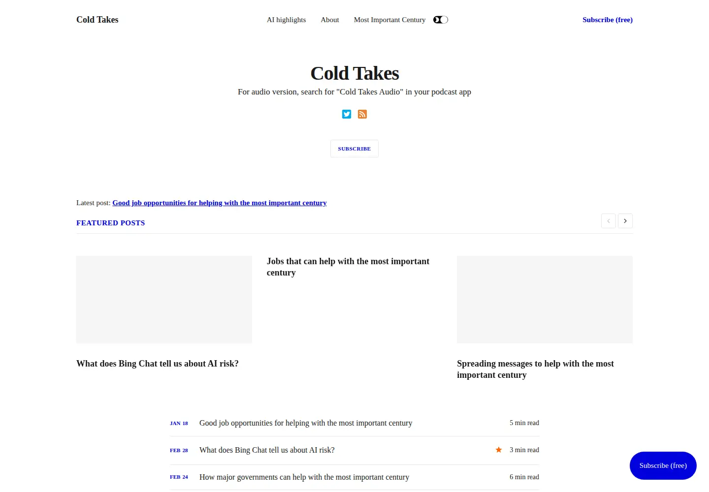 Captured homepage of cold-takes.com in the current scan