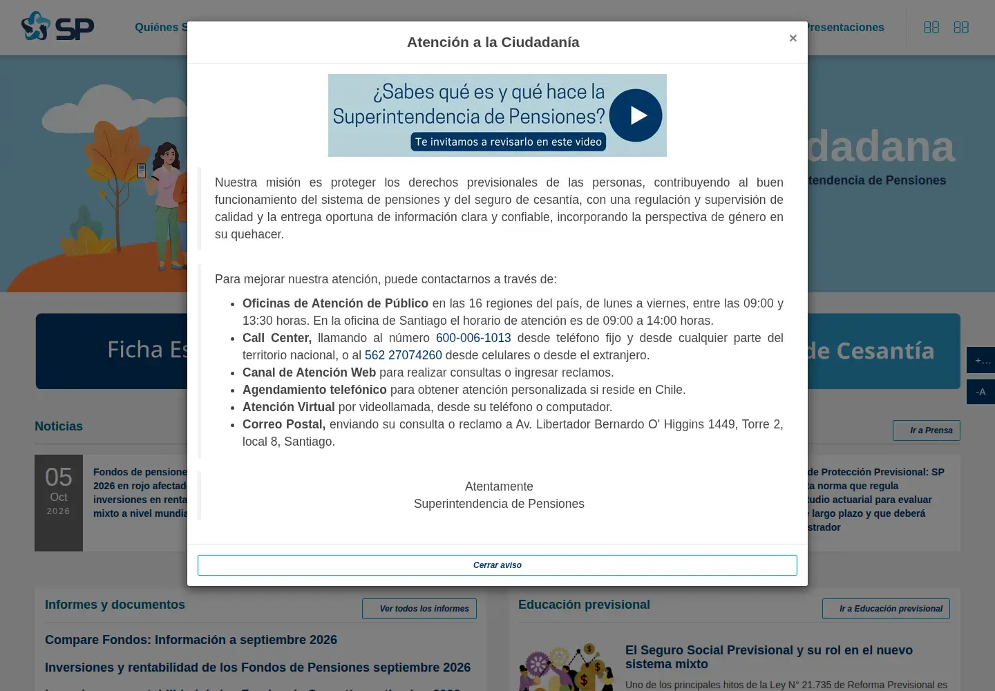 Captured homepage of spensiones.cl in the current scan