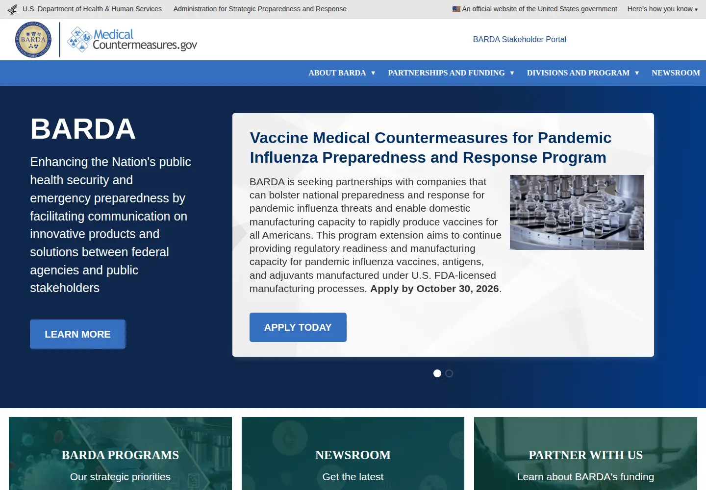 Captured homepage of medicalcountermeasures.gov in the current scan