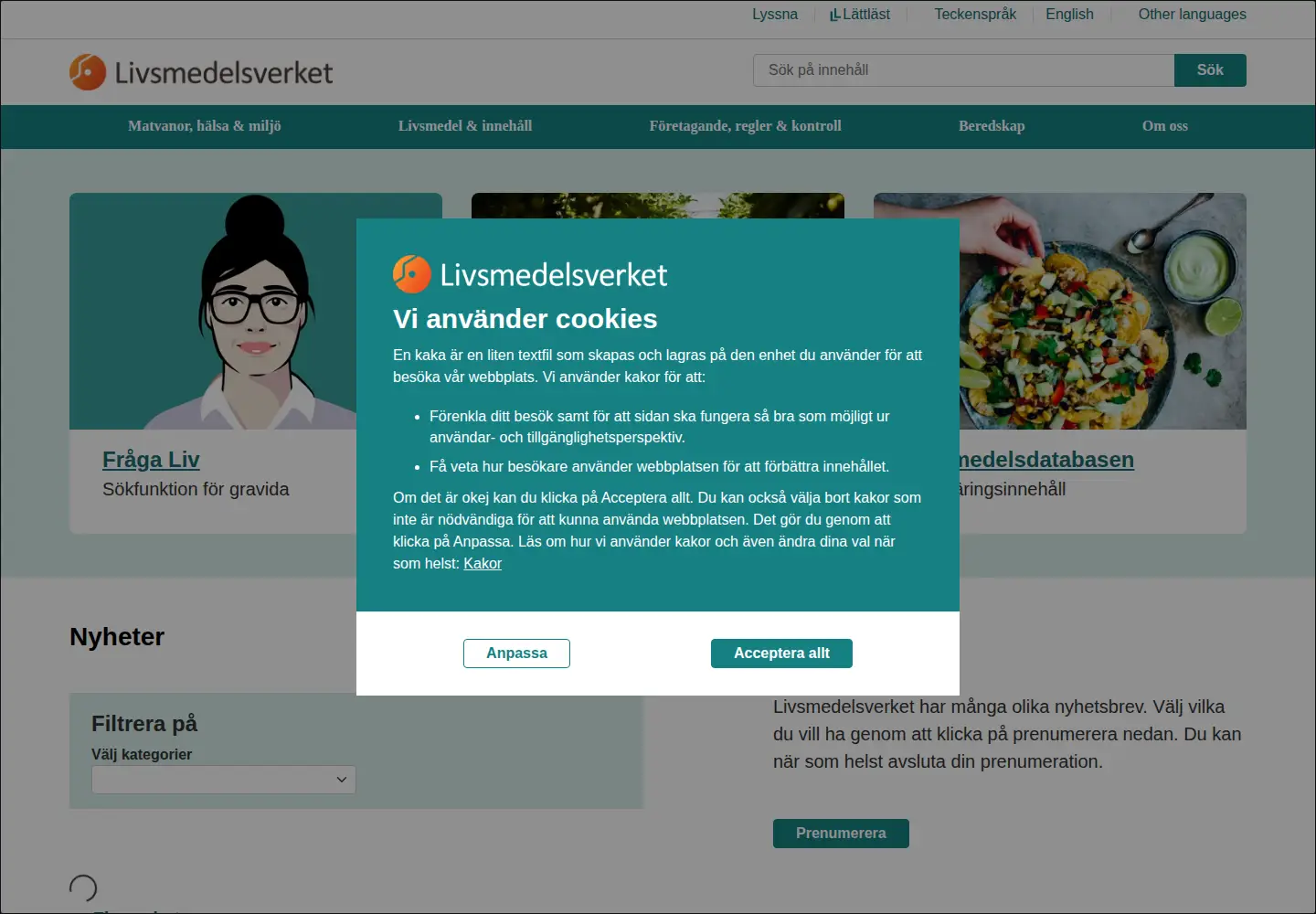 Screenshot of livsmedelsverket.se