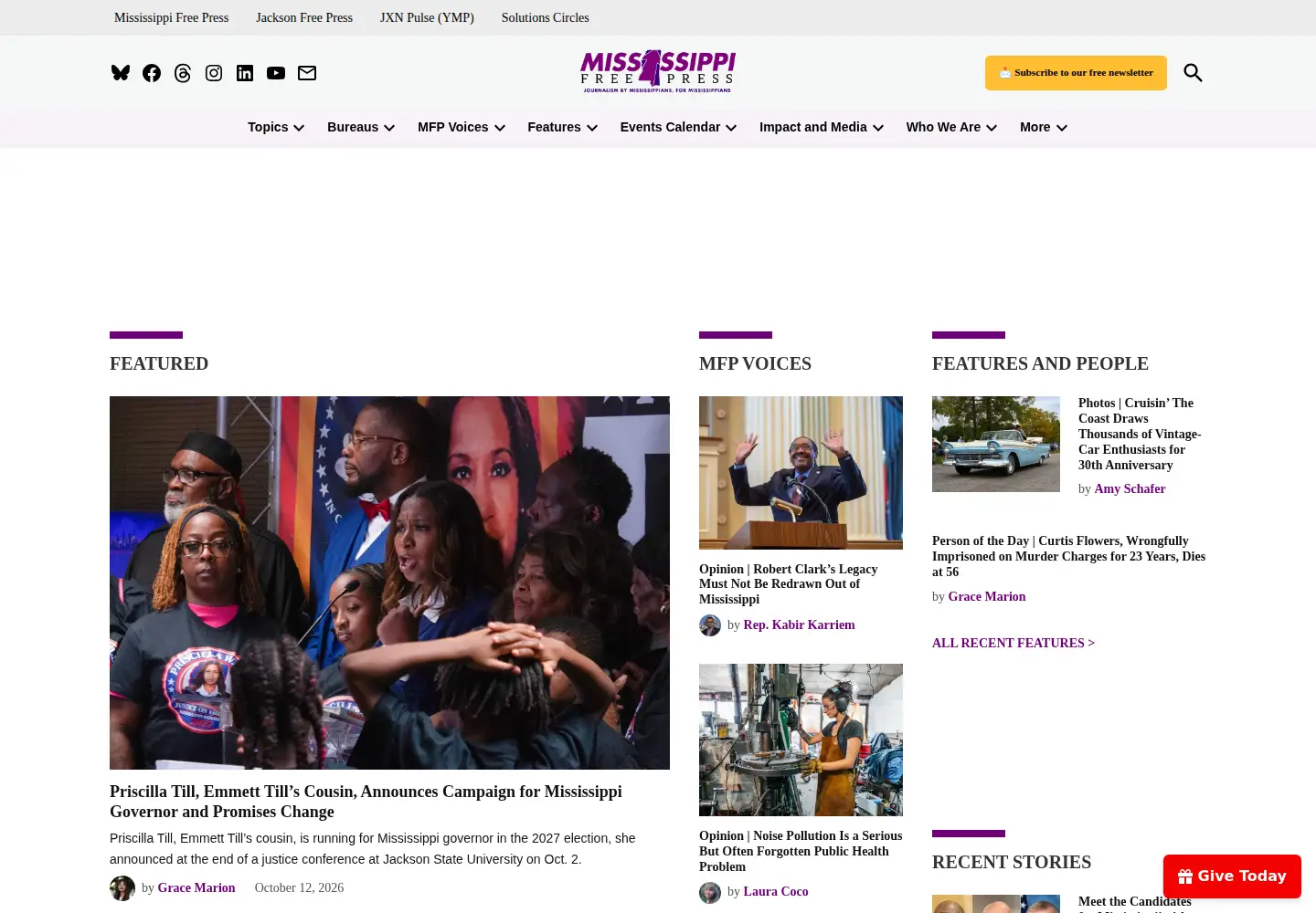 Captured homepage of mississippifreepress.org in the current scan