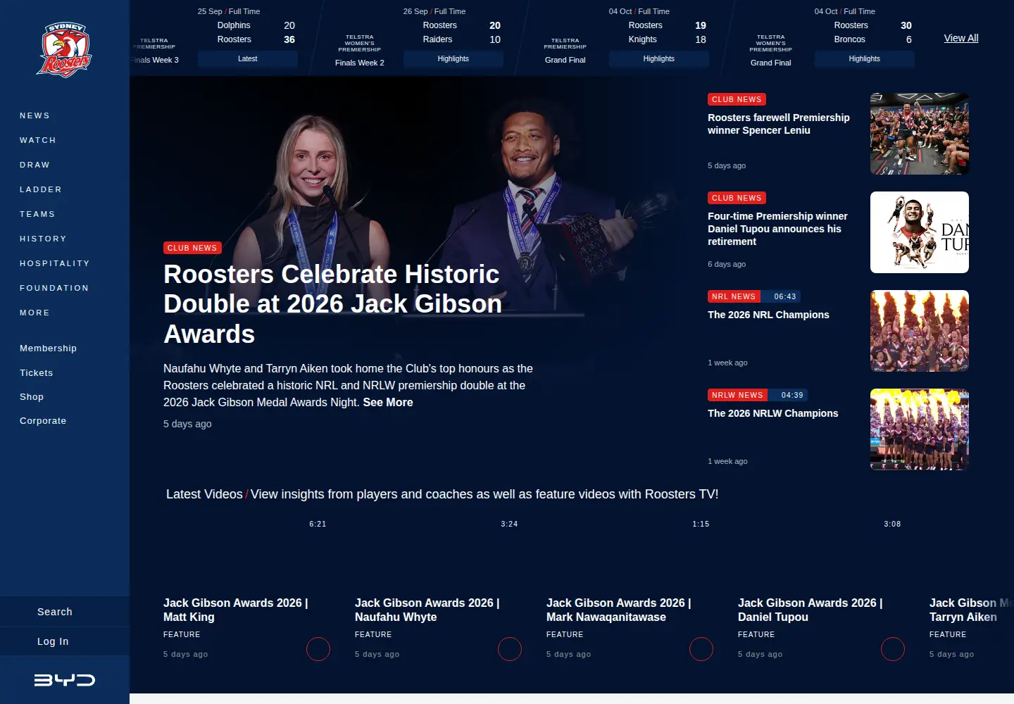 Captured homepage of roosters.com.au in the current scan