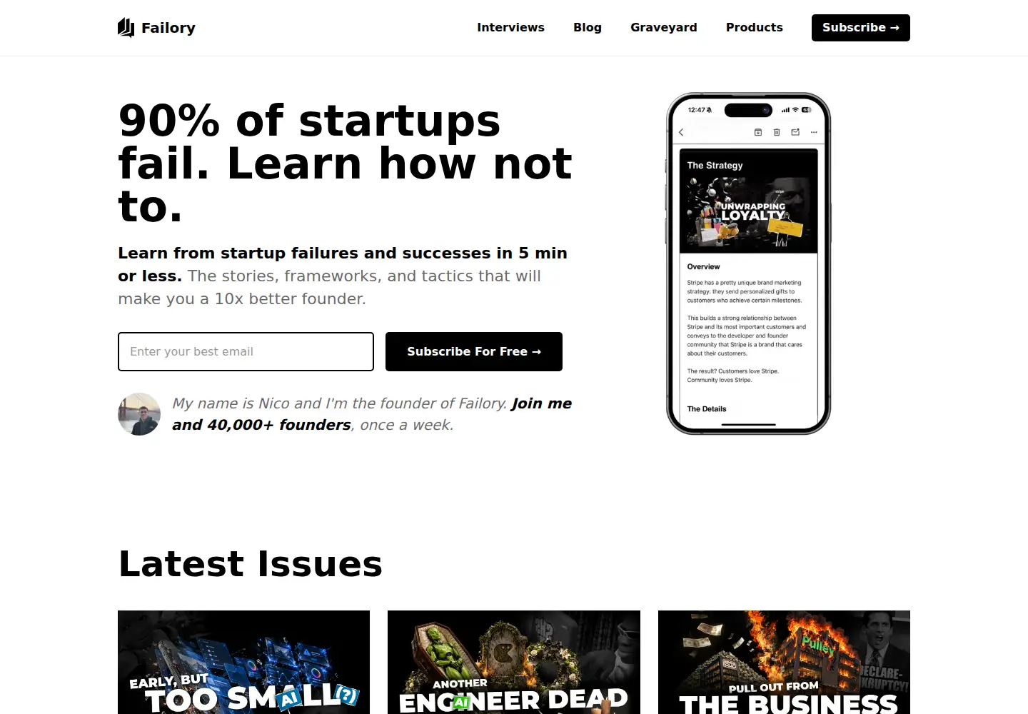 Captured homepage of failory.com in the current scan
