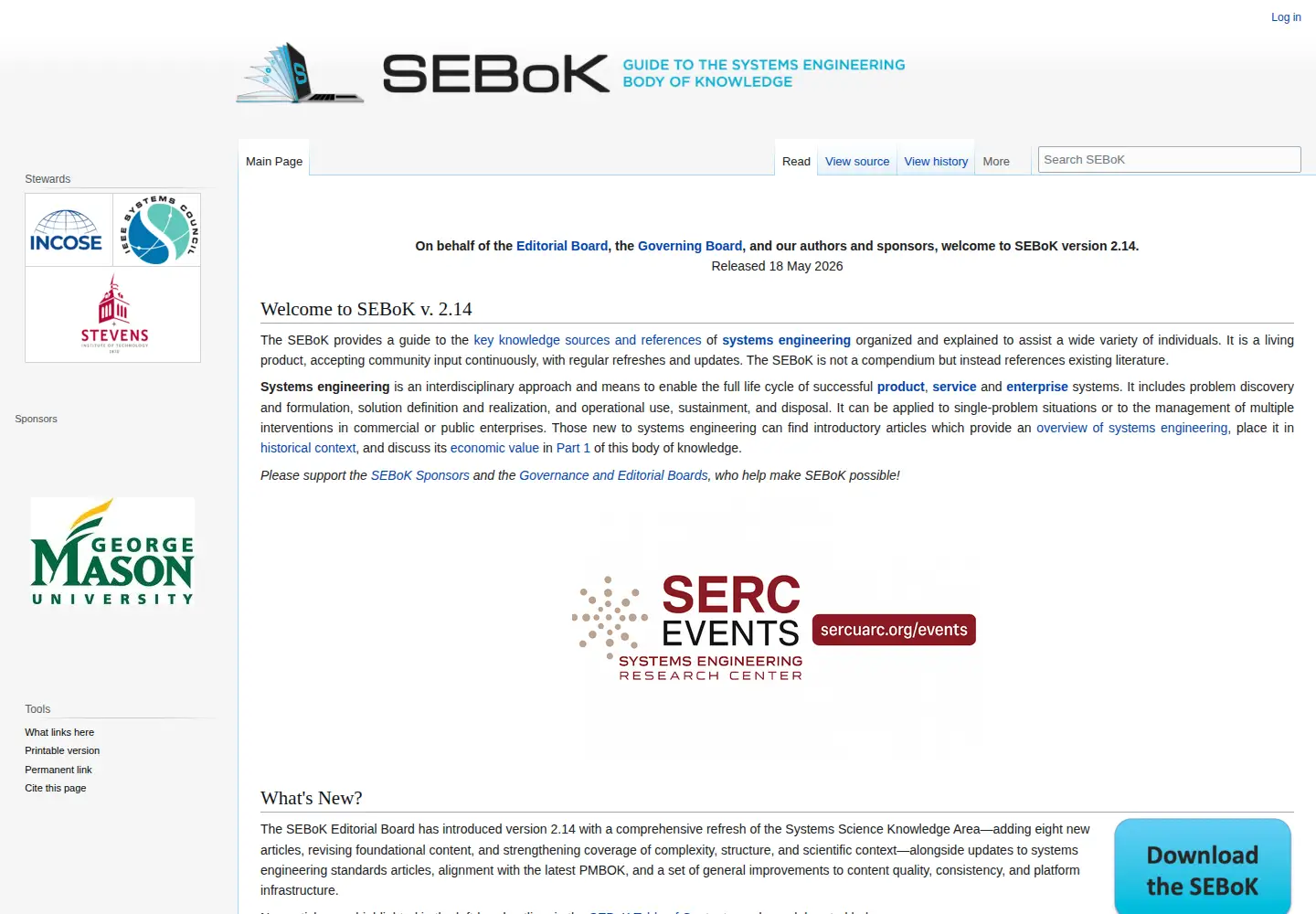 Captured homepage of sebokwiki.org in the current scan