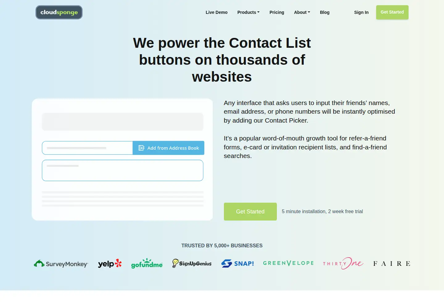 Screenshot of cloudsponge.com