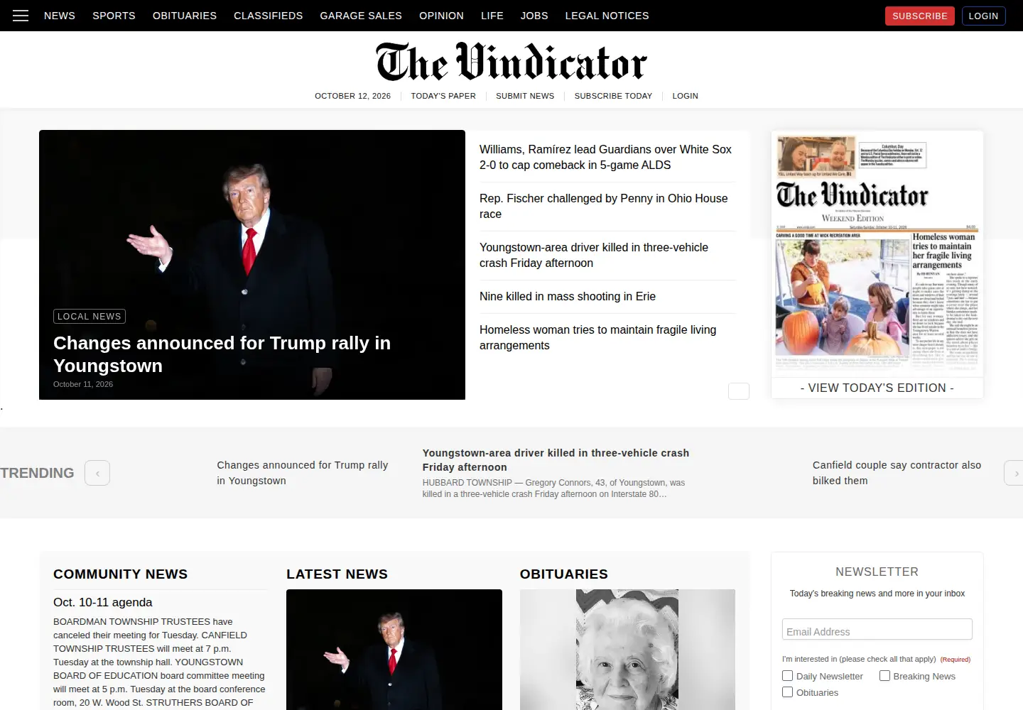 Captured homepage of vindy.com in the current scan