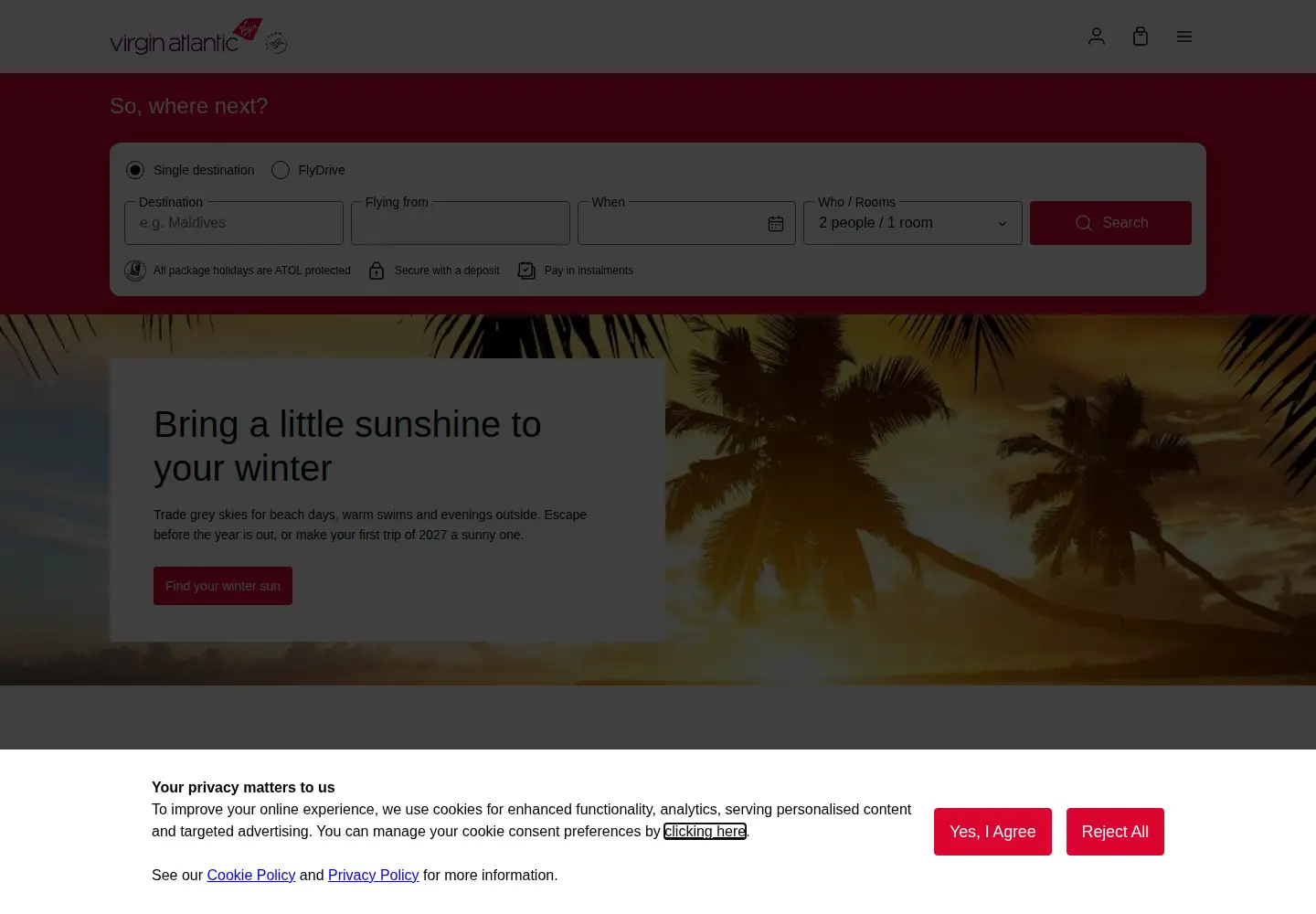 Captured homepage of virginholidays.co.uk in the current scan
