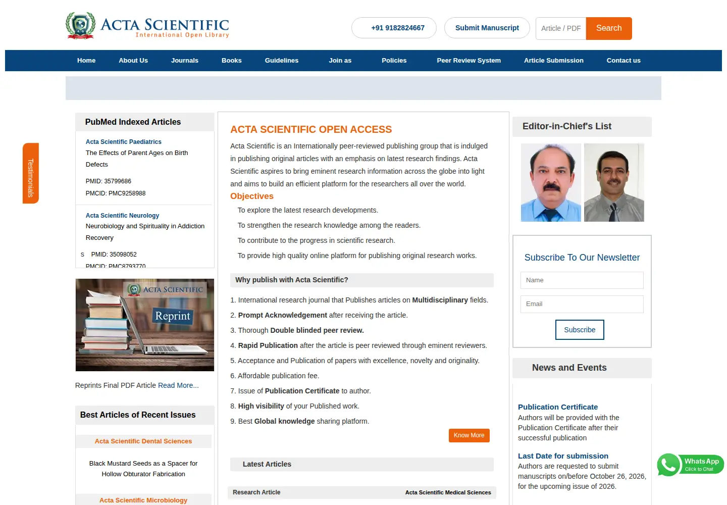 Captured homepage of actascientific.com in the current scan