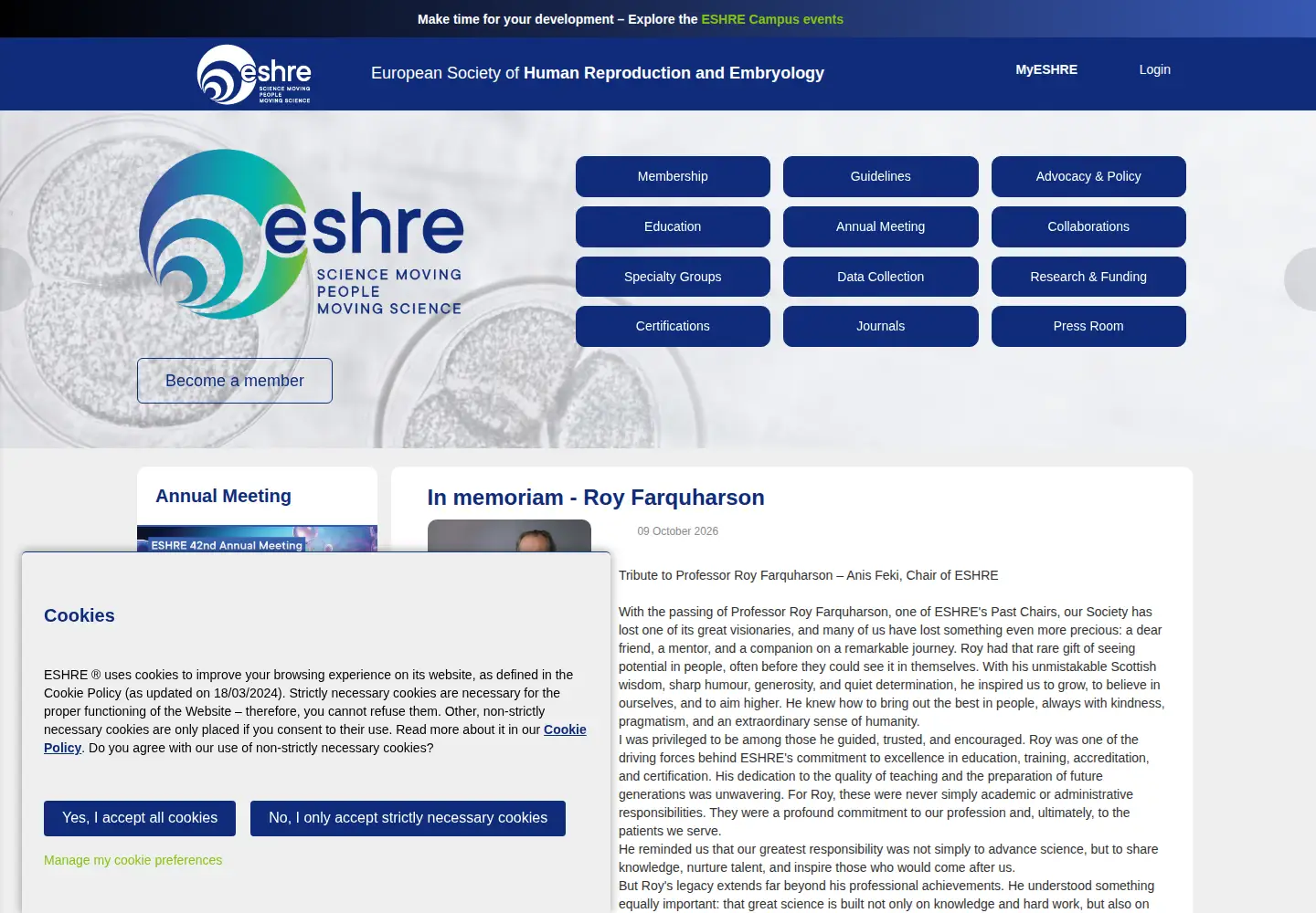 Captured homepage of eshre.eu in the current scan