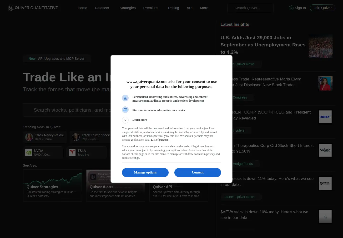 Captured homepage of quiverquant.com in the current scan