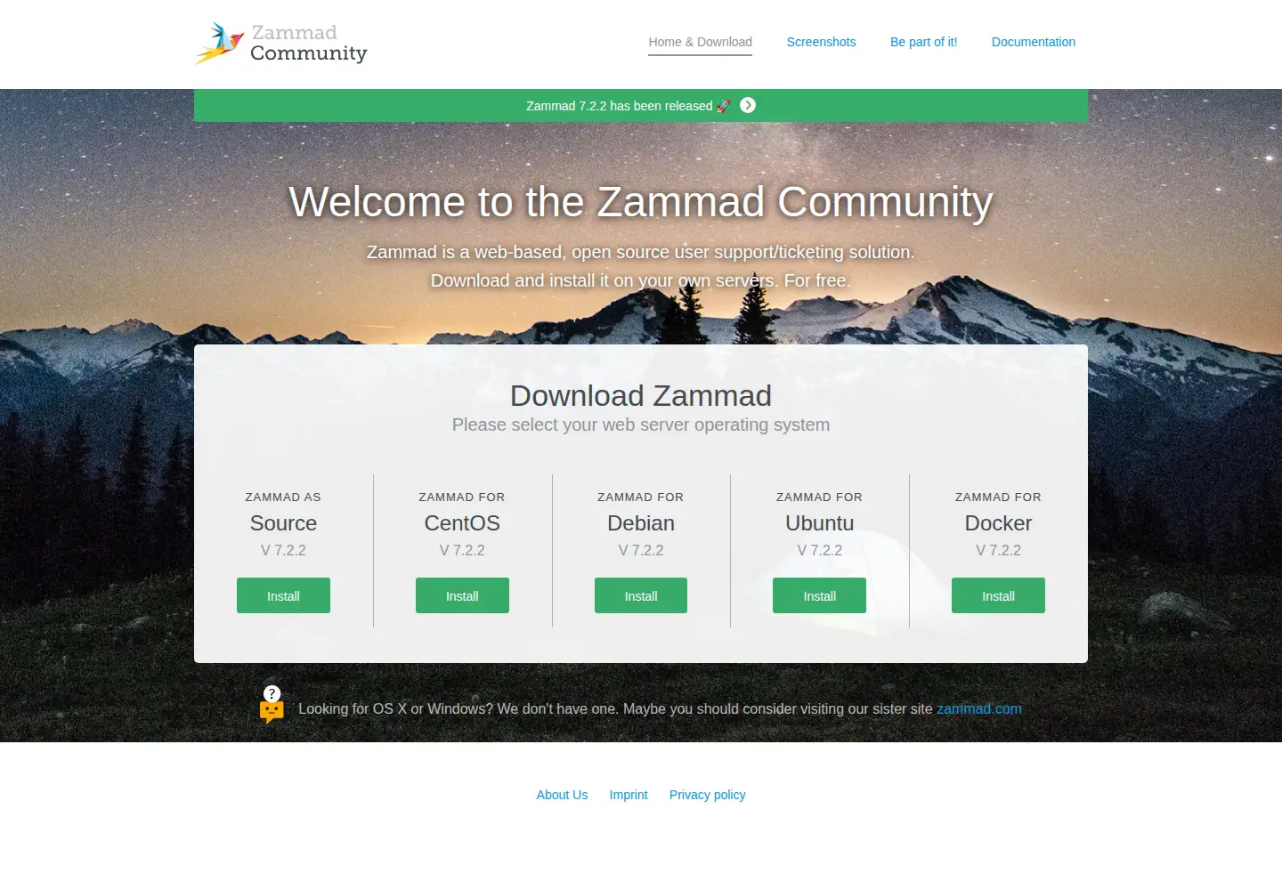 Captured homepage of zammad.org in the current scan