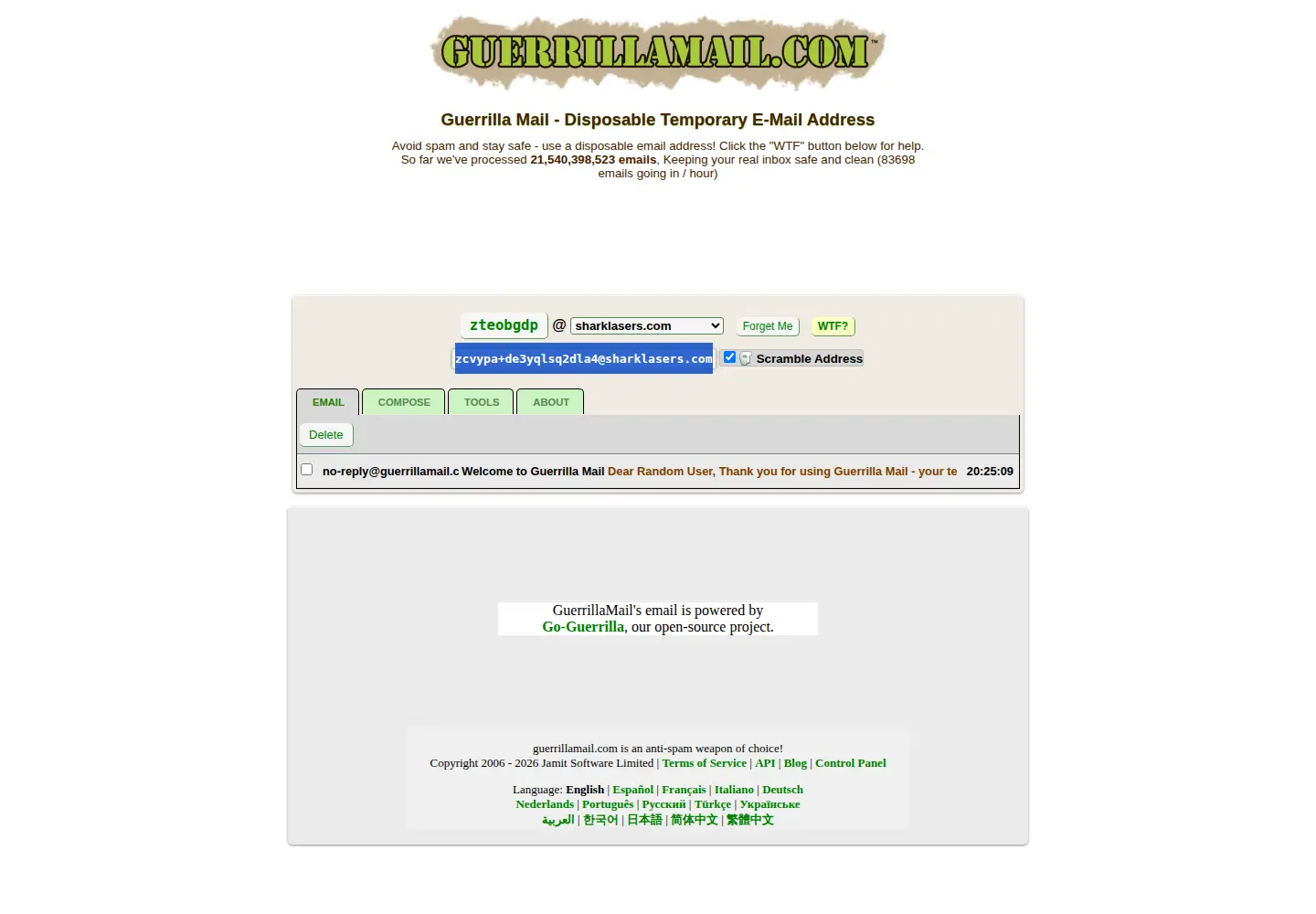 Screenshot of guerrillamail.com