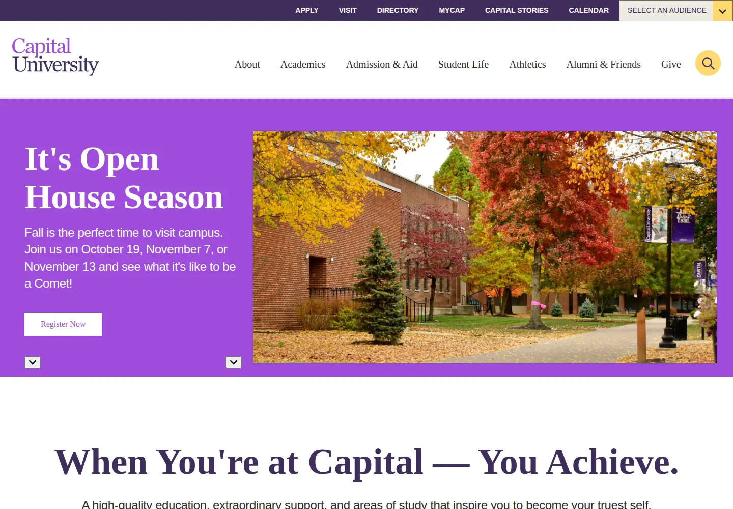 Captured homepage of capital.edu in the current scan