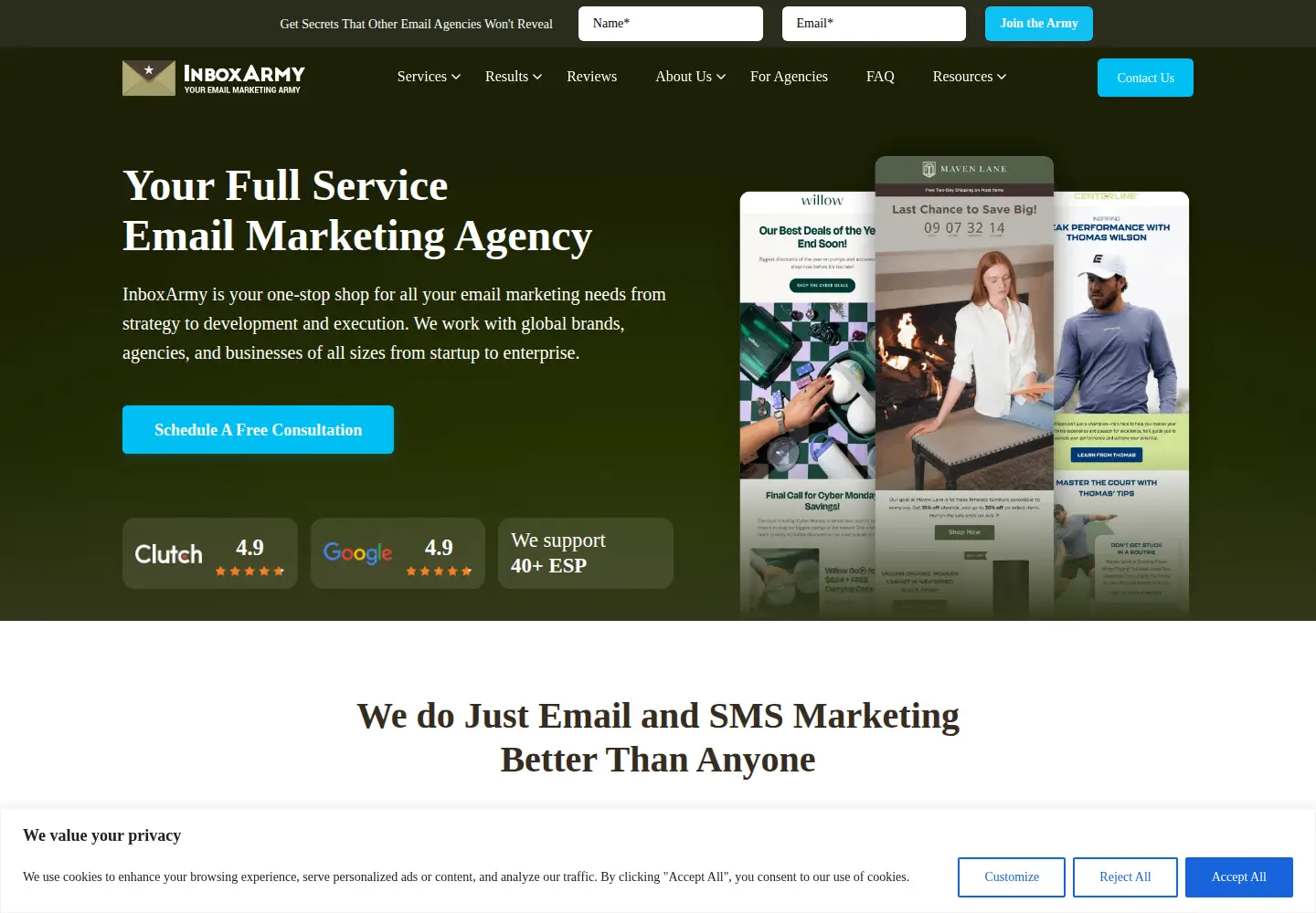 Captured homepage of inboxarmy.com in the current scan