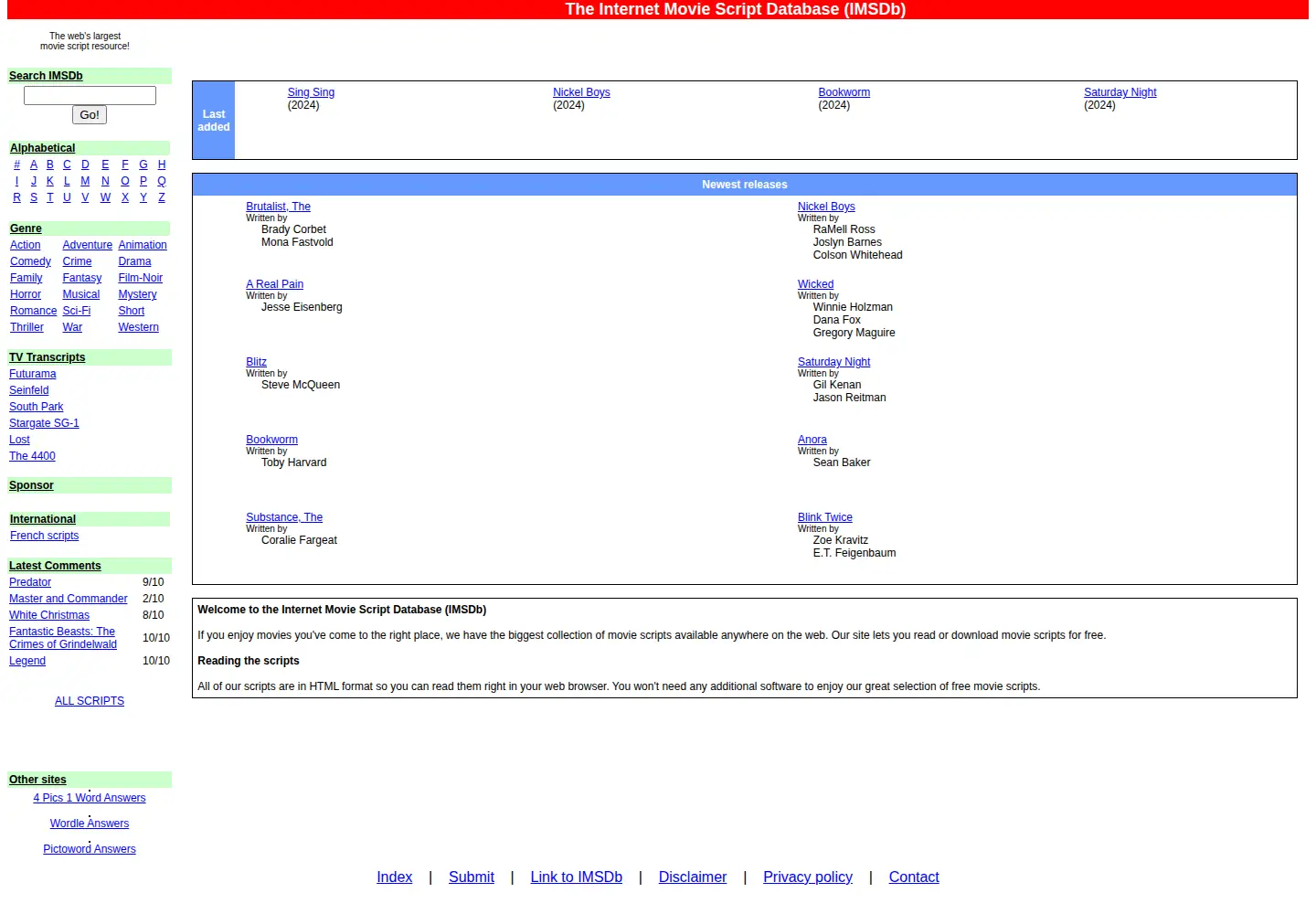 Screenshot of imsdb.com