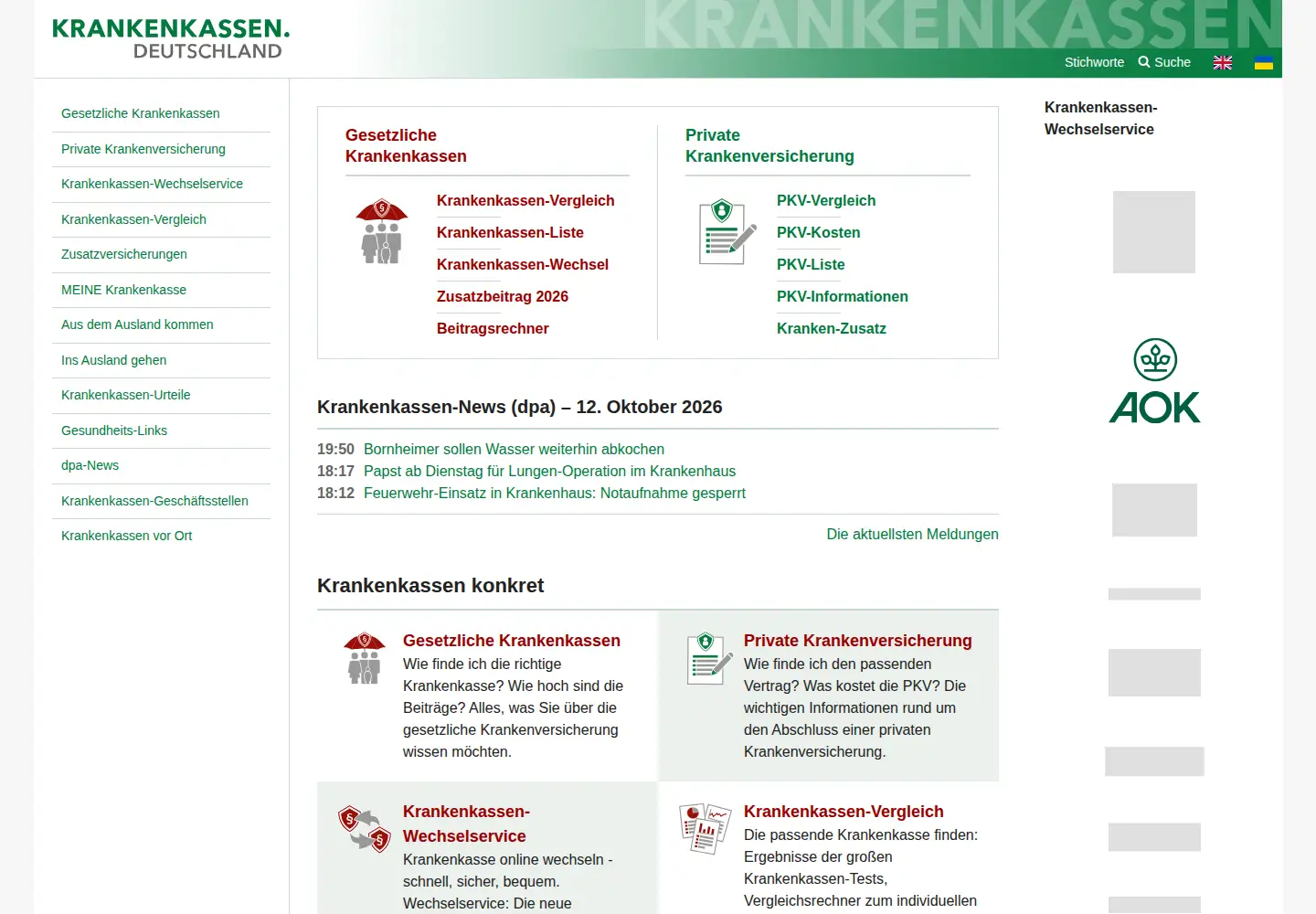 Captured homepage of krankenkassen.de in the current scan