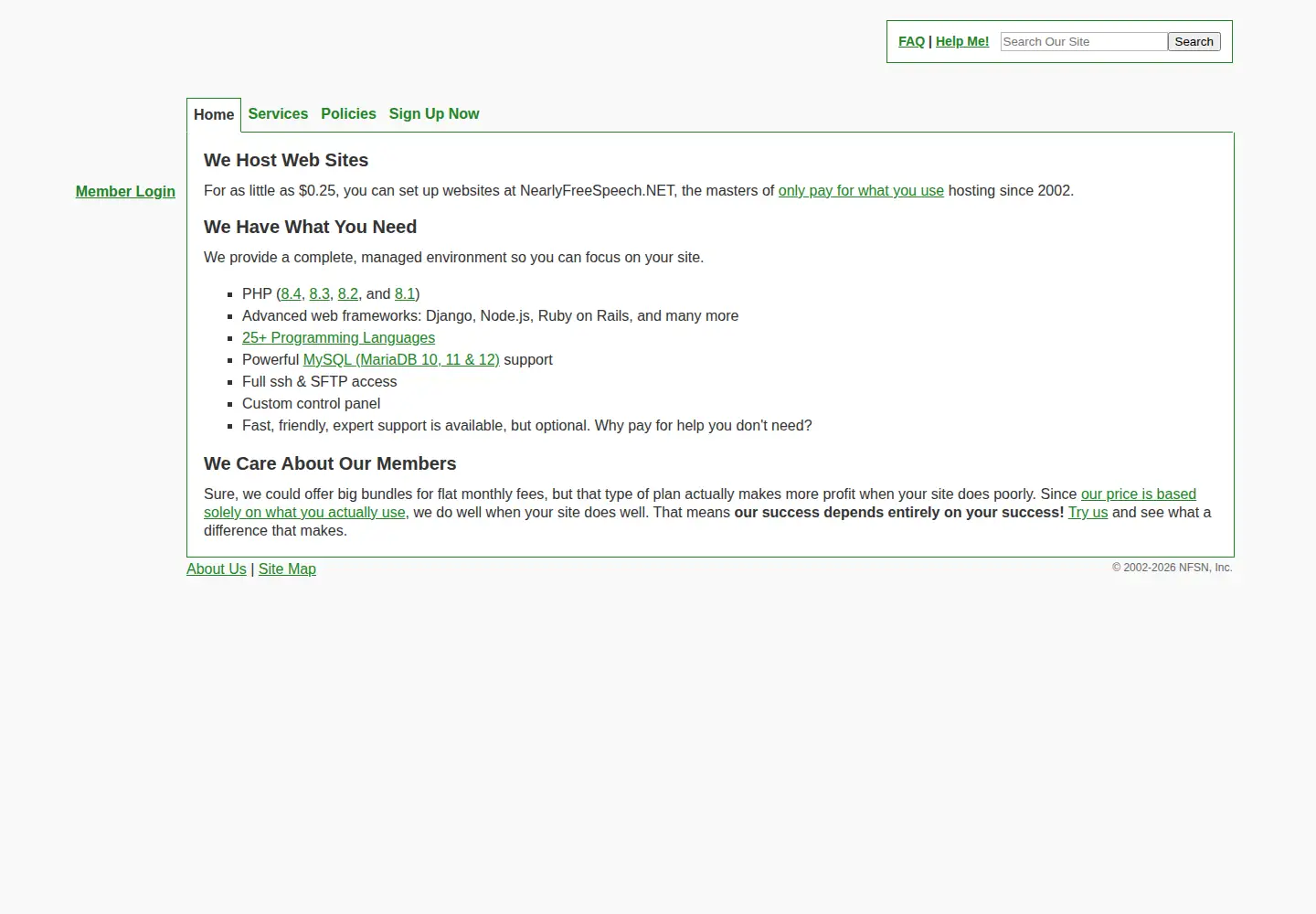 Screenshot of nearlyfreespeech.net