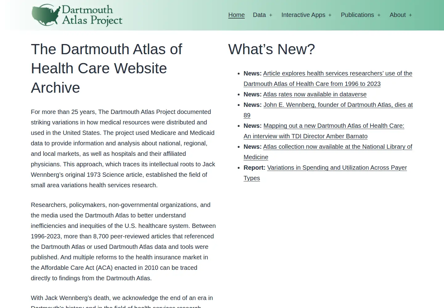 Screenshot of dartmouthatlas.org