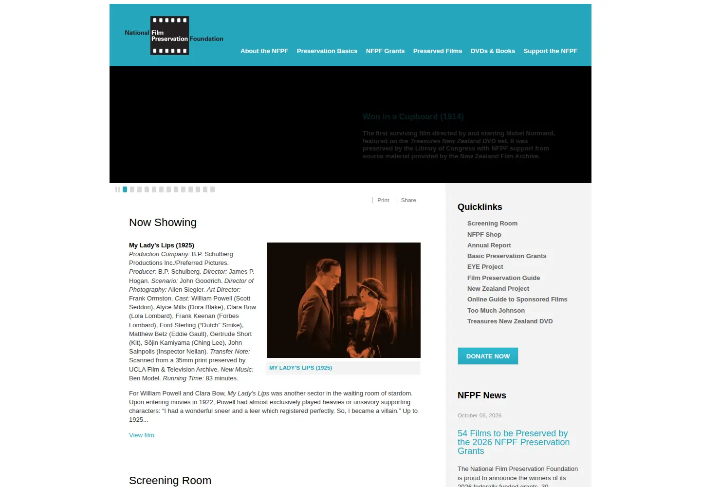 Captured homepage of filmpreservation.org in the current scan