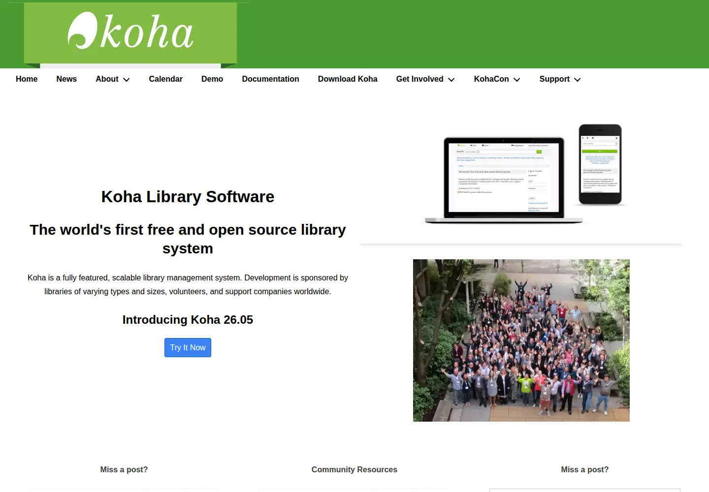 Captured homepage of koha-community.org in the current scan