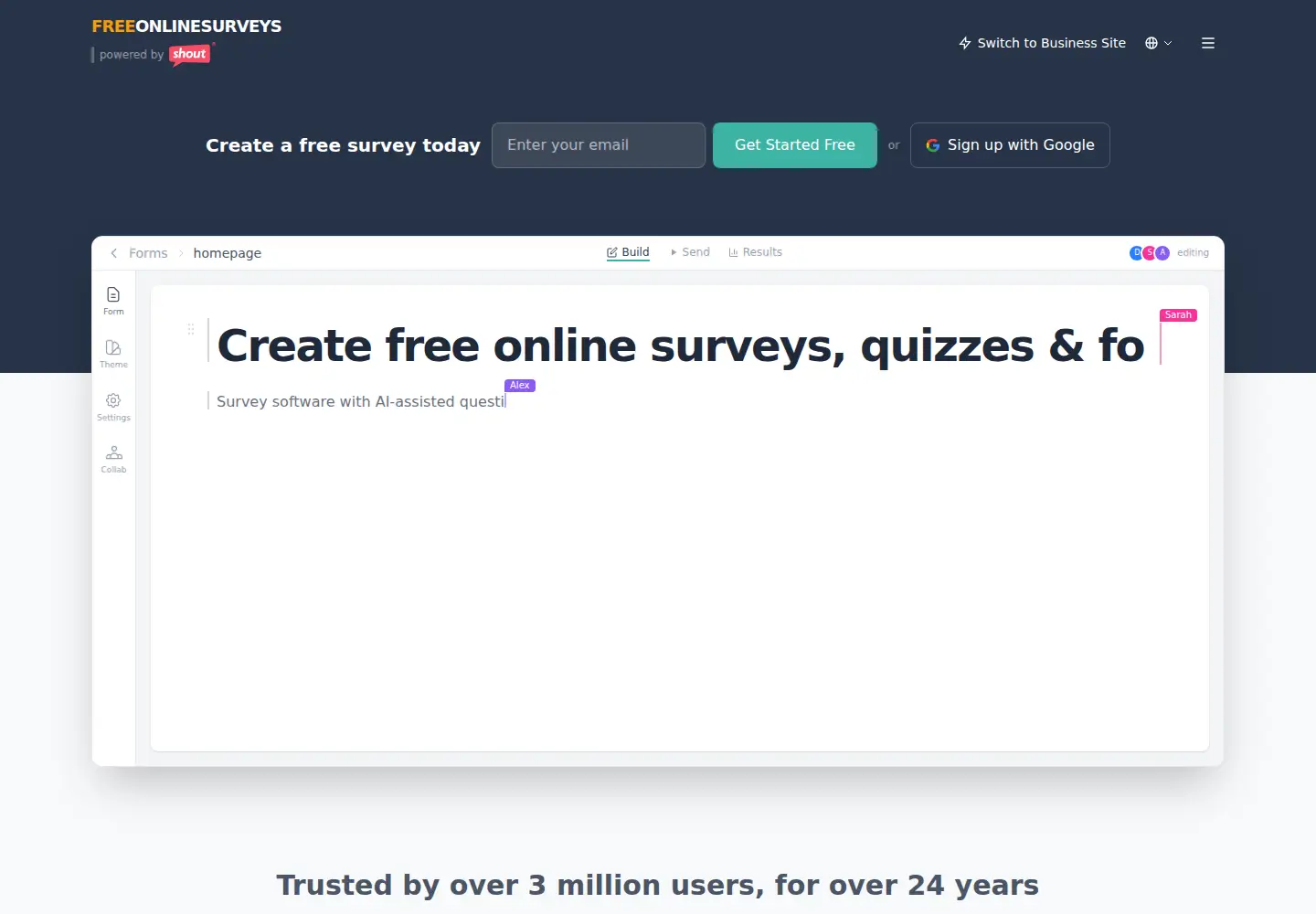 Captured homepage of freeonlinesurveys.com in the current scan